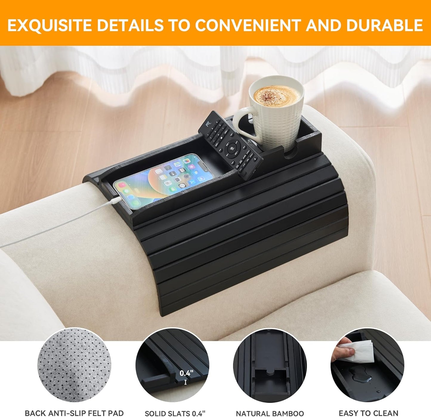GEHE Bamboo Couch Cup Holder, Anti-Spill Sofa Arm Tray, Natural and Easy to Clean Couch Arm Cup Holder Armrest Tray Perfect for Cups, Beers, Snacks, Remote Control, Drinks