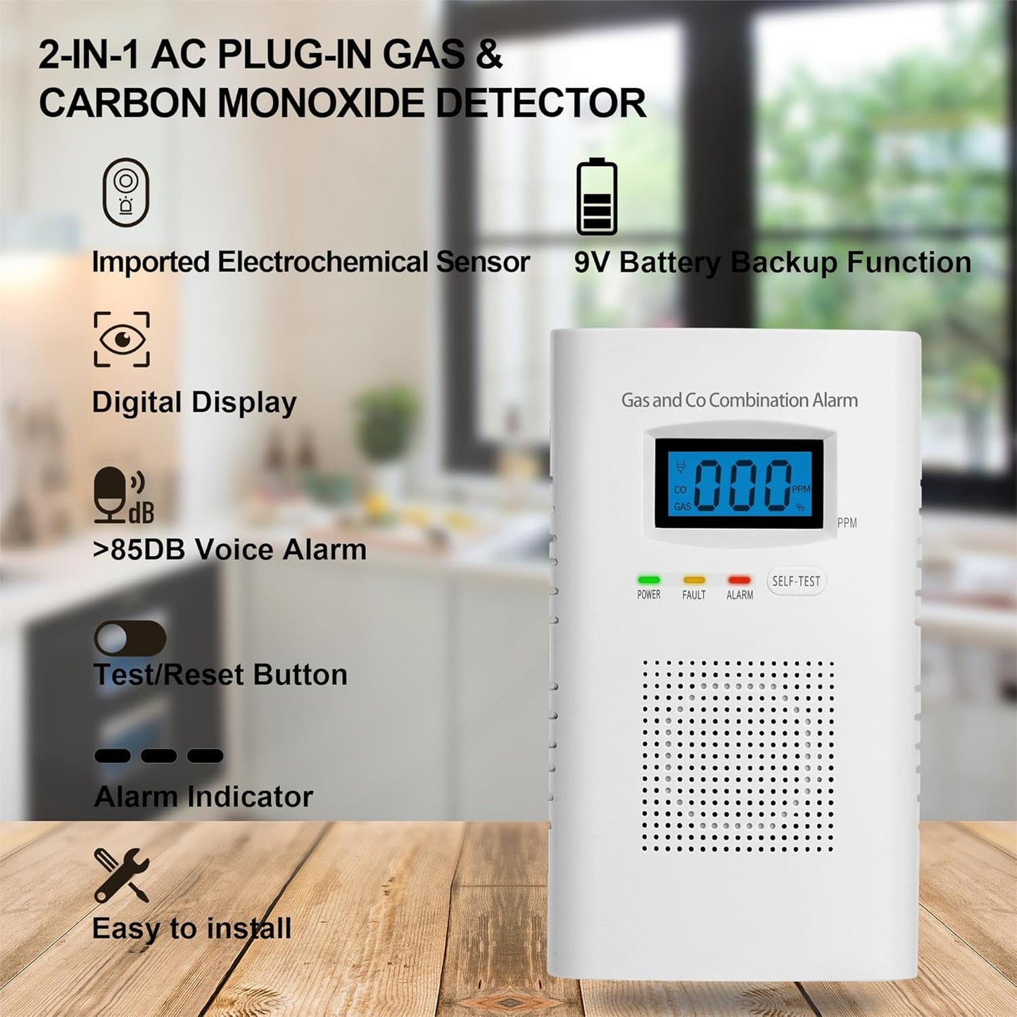 2 Pack Combination Gas & Carbon Monoxide Detectors - Plug in CO Alarm & Natural Gas Detector with Digital Display, CO Detector & Combustible Gas Detector for Home, Easy to Read