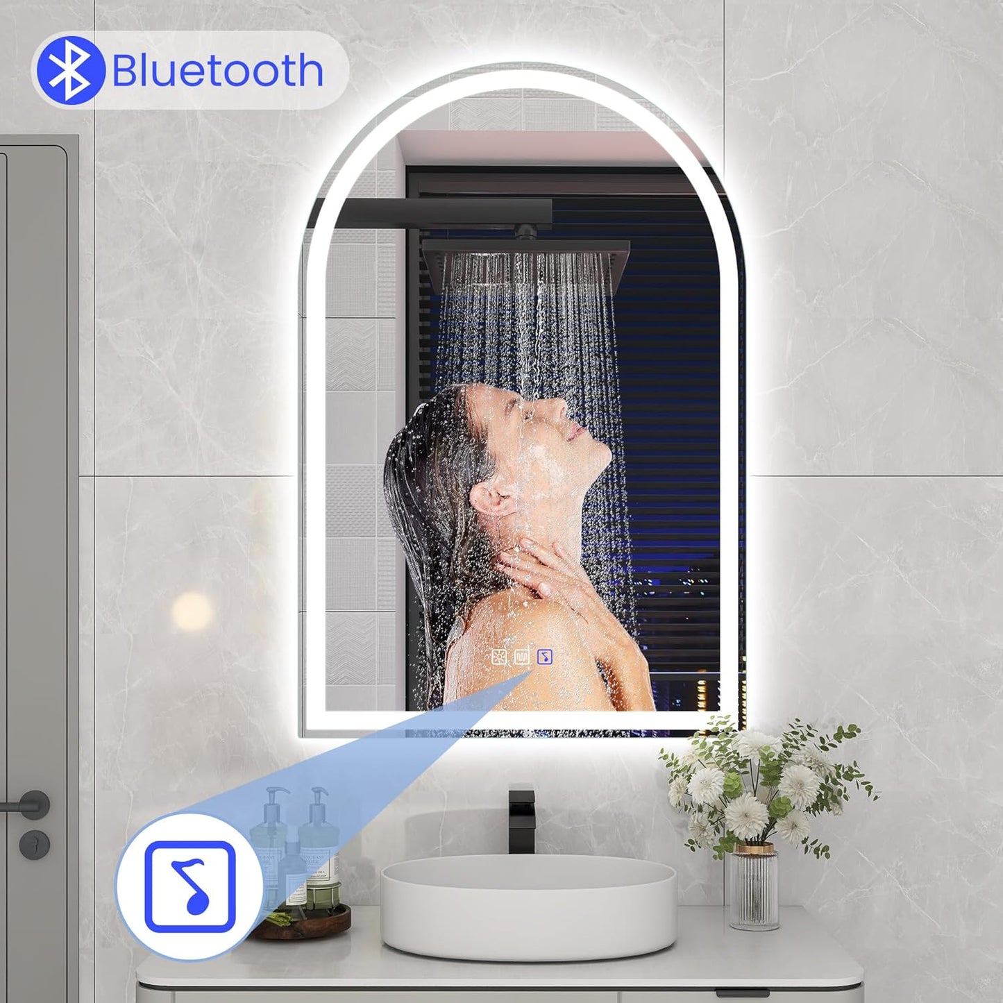 STARLEAD 36"x24" LED-Bathroom-Mirror-with-Lights, Wall-Mounted with Bluetooth Speaker, Anti-Fog, 3 Color Temperature, Dimmable Brightness, Waterproof, Tempered Glass, Frontlit & Backlit, Arched