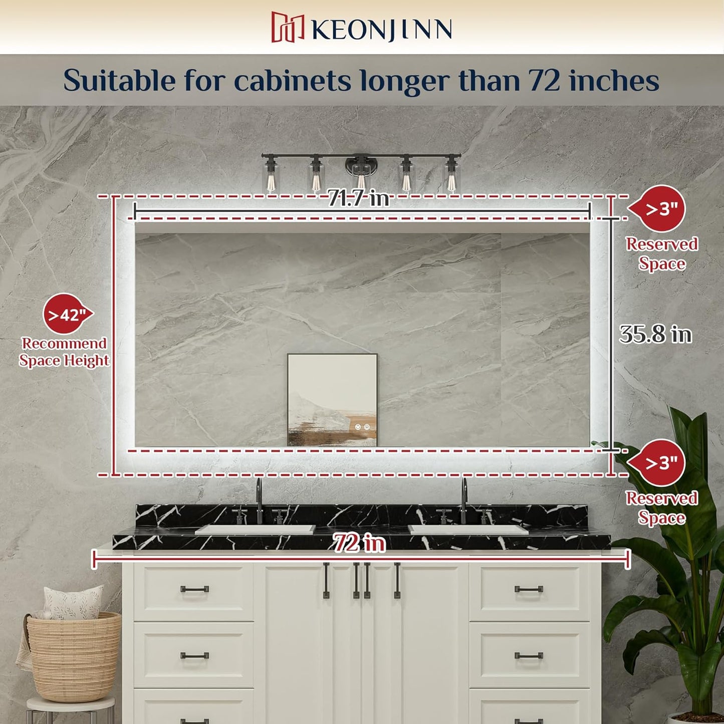 Keonjinn LED Backlit Mirror 72” x 35.9” Oversized Lighted Bathroom Mirror with UL Listed LED Driver, Large Stepless Dimmable Wall Mirror, Tempered Glass, CRI90+ Anti Fog Vanity Mirror with Backlights