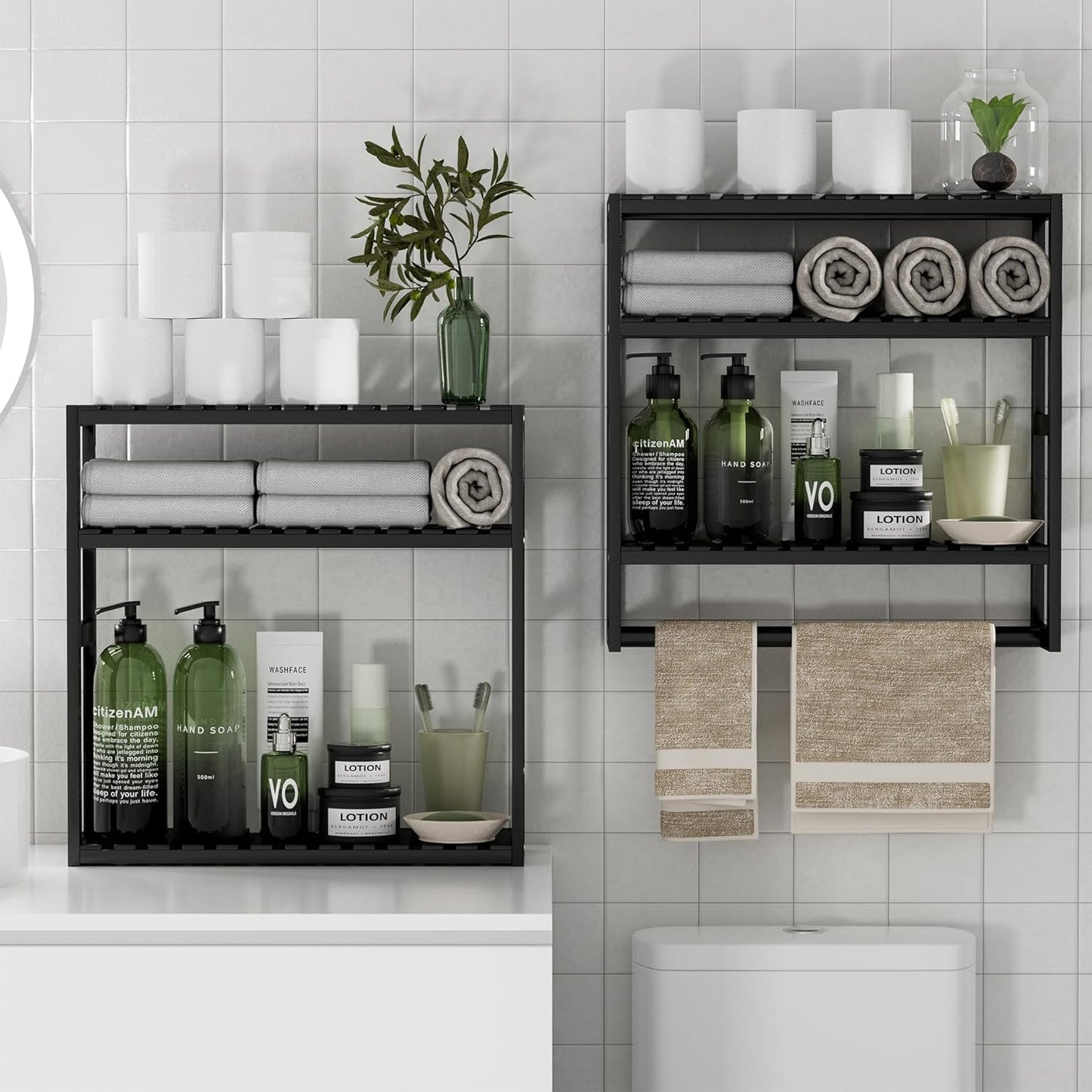 PPN Towel Rack Bathroom Storage Shelves Over The Toilet with Towel Bar 100% Bamboo Adjustable Height Floating Shelf Wall Shower Shelf for Small Space Bathroom Kitchen Multi Usage (Black-2Pack)