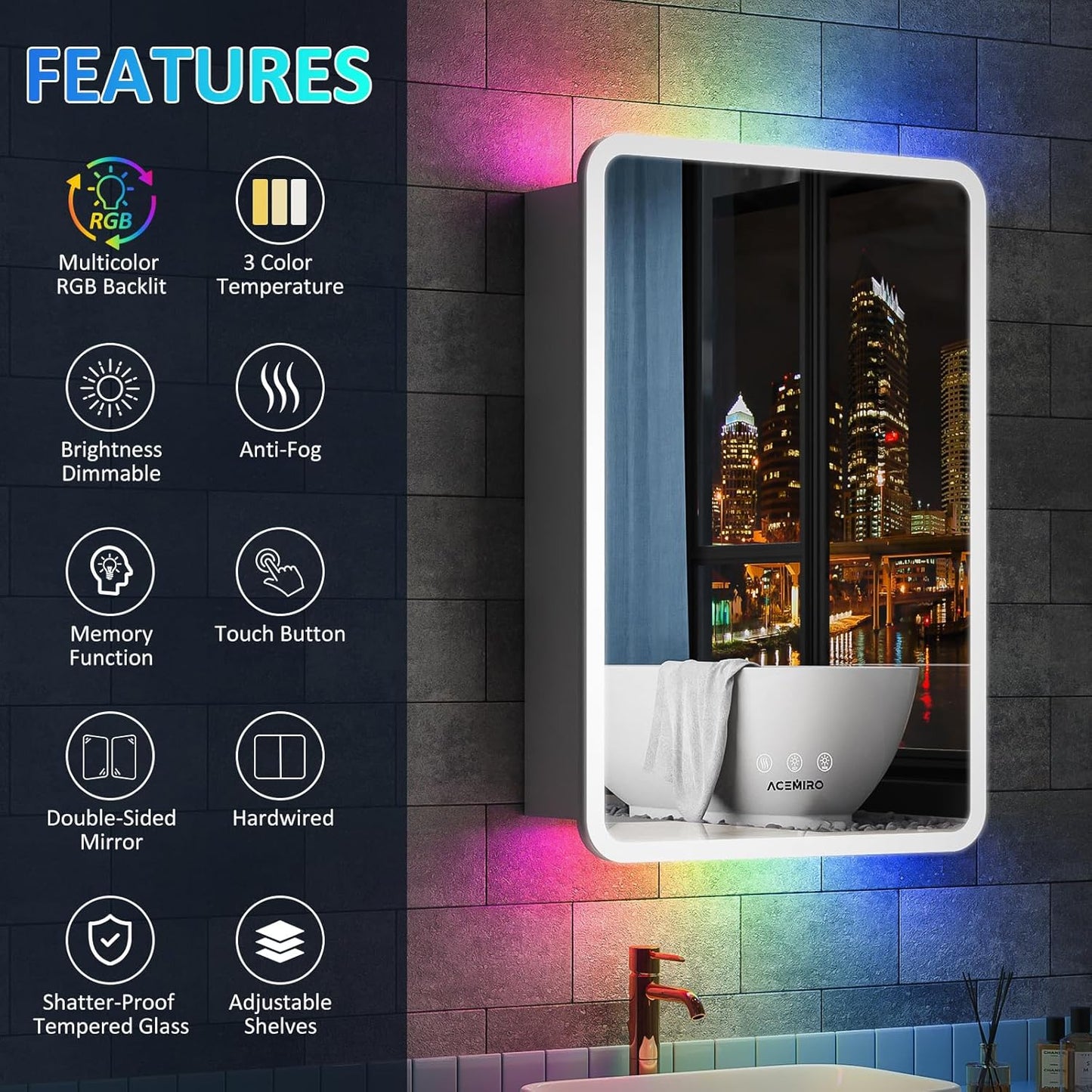 20×32 Inch Lighted Medicine Cabinet with Mirror, LED Medicine Cabinet with RGB Lights, Multicolor Backlit Mirror with Adjustable Front Lighted, Defogger, Memory Function, Surface Mount