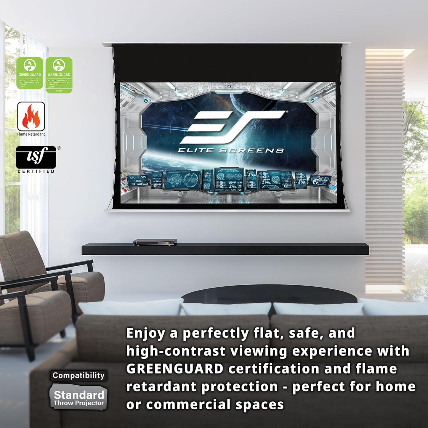 Elite Screens Evanesce Tab-Tension B CineGrey 5D, 106-inch 16:9, in Ceiling Concealed Electric Motorized Drop Down Projector Screen w Ambient Light Rejecting CG5D Projection Material, ETB106HD5-E16