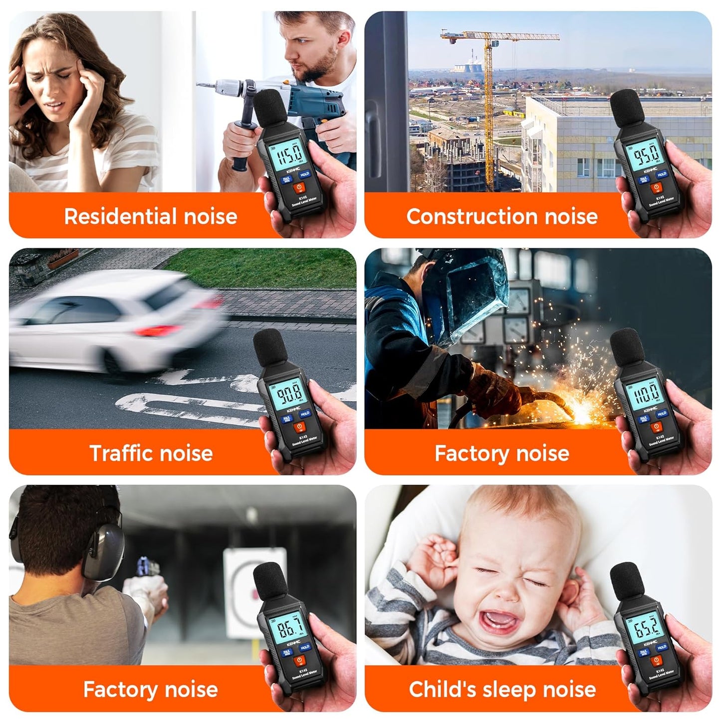 Decibel Meter, Portable Sound Level Meter with Backlit LCD (35-130dB(A) Range), Digital SPL Meter with MAX/MIN Data Hold, Noise Tester for Neighbors, Office, Workshop, and Classroom