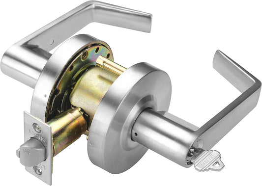 LYNN HARDWARE Commercial Door Lever Lock - Heavy-Duty Locking Door Handle, Designer Door Handles, Cylindrical Lever Lock, Non-Handed Grade 2 Door Handle, Satin Chrome, Storeroom Function