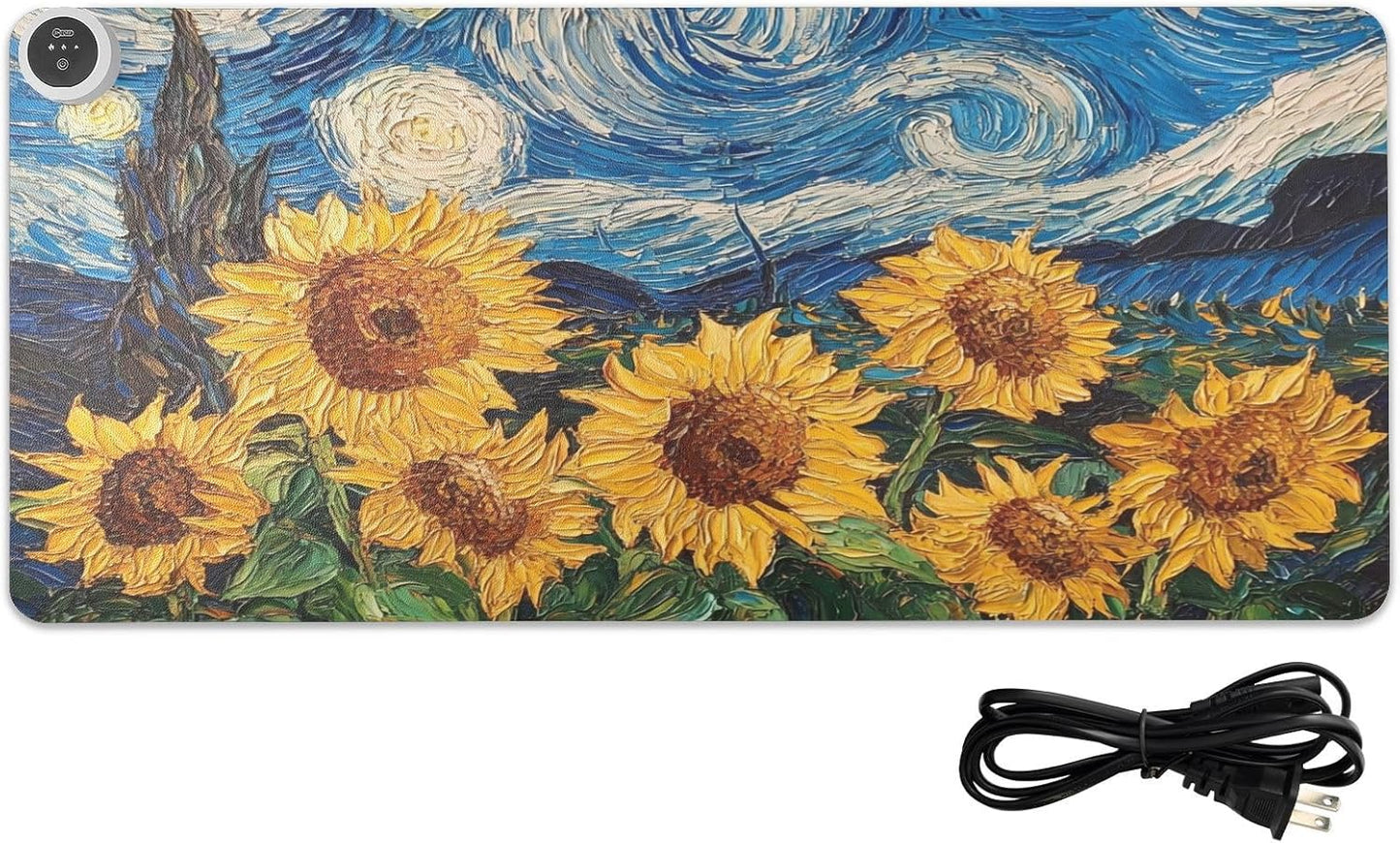 Heated Desk Pad Mouse Pad 31.5x13 Inch PU Leather Desk Mat with 3 Heat Levels Large Mouse Gaming Computer Laptop Mat Starry Night Blue Sunflowers