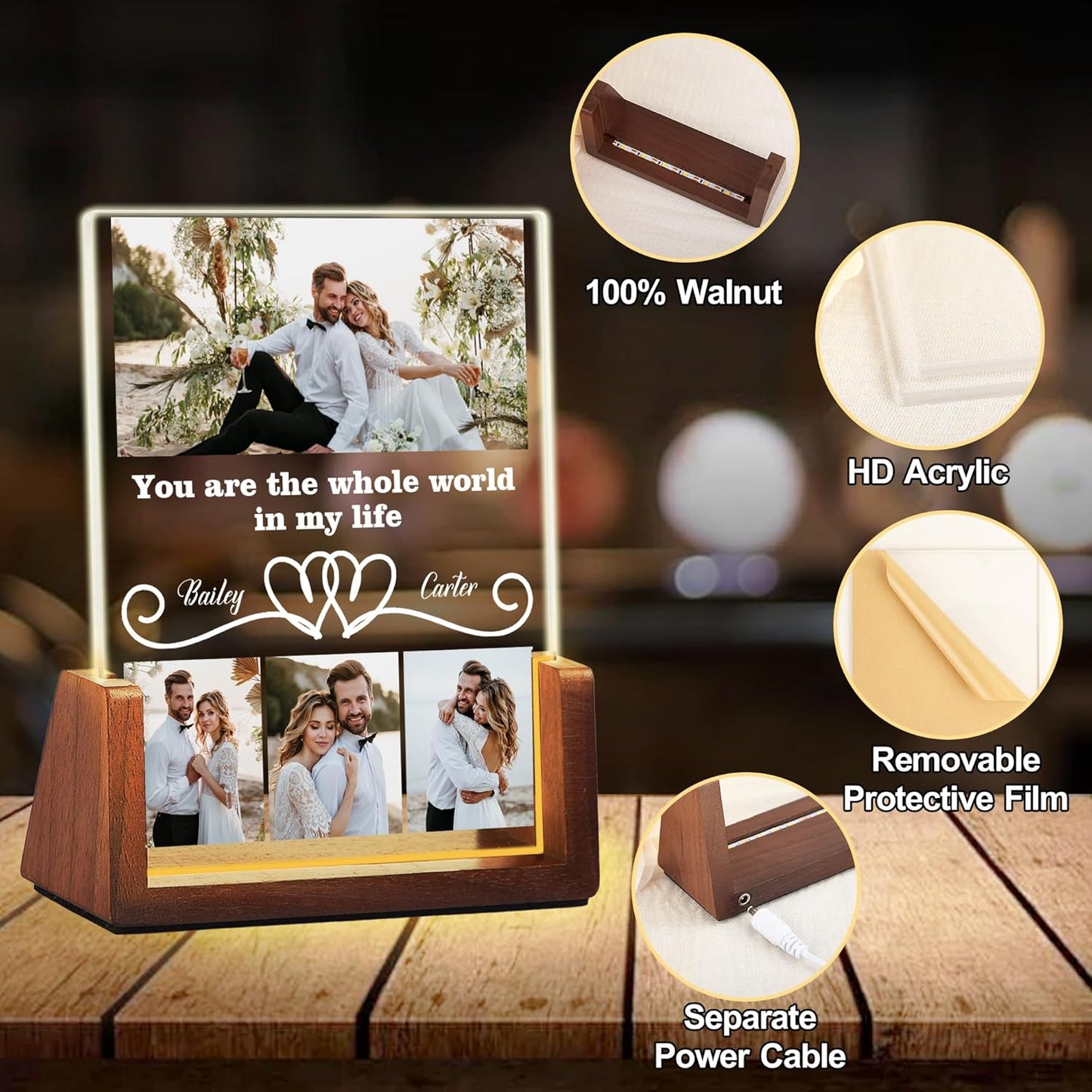 Personalized Couple Birthday Gifts For Girlfriend Boyfriend Him Her, Custom Acrylic Plaque Light Up Picture Frame With Photo Name, Customized Anniversary Christmas Gifts For Women Men Husband Wife