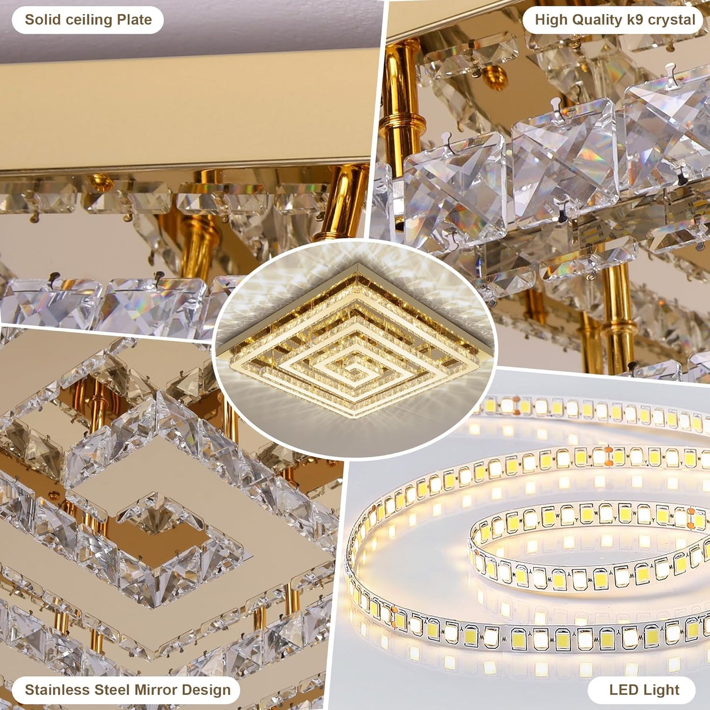 43" Modern Gold Crystal Chandelier with Remote/App Control, Dimmable Flush Mount Ceiling Light Fixture,3-Color Temperature, Led Ceiling Lamp for LivingRoom Bedroom Kitchen DiningRoom Entryway