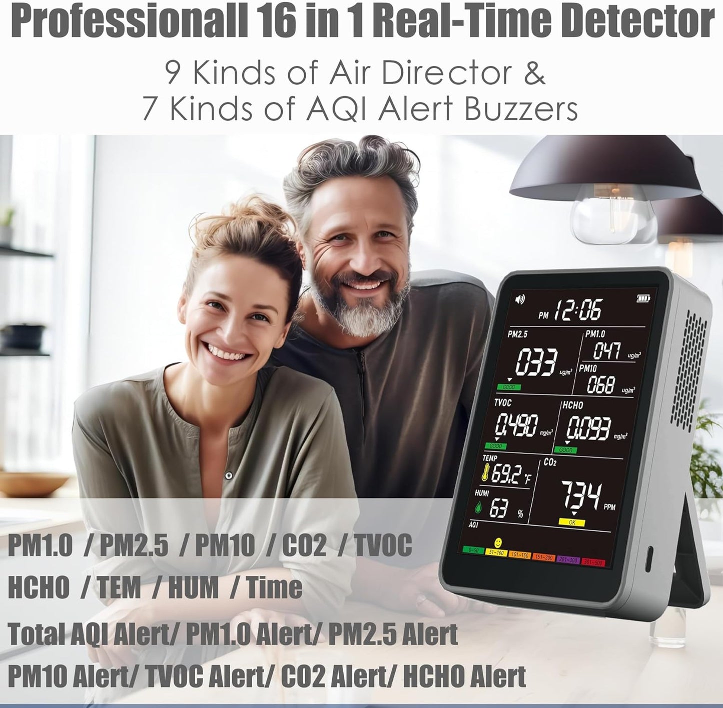 Professional Indoor Air Quality Monitor with AQI Beep Alarms, Portable Real-Time Detector for Home Cars Plants and Pets (Gray)