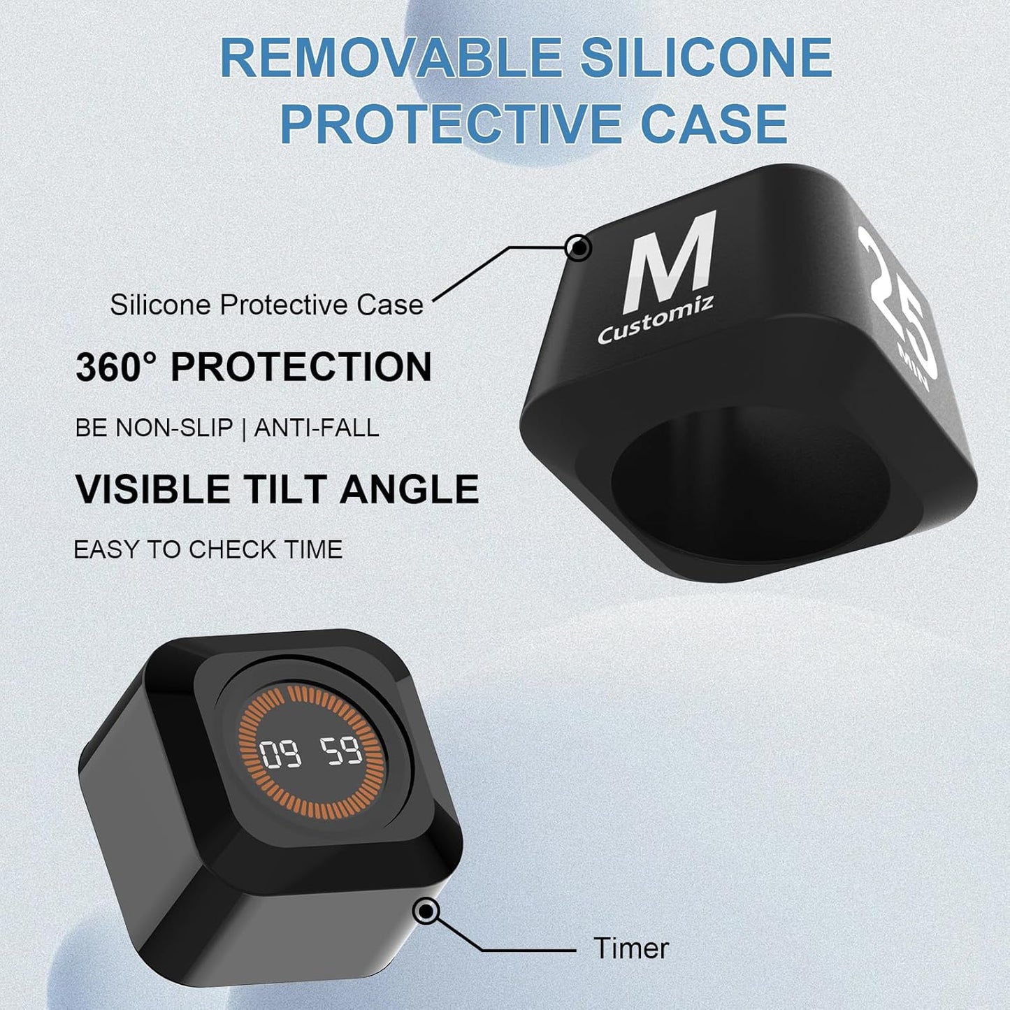 Rotating Cube Pomodoro Timer 5, 25, 10, 50 Min Preset + Custom Countdown, Desk Productivity Flip Visual Timer w/Silicone Case, Silent Mode, Ideal for ADHD Tool Study Work School (Black)