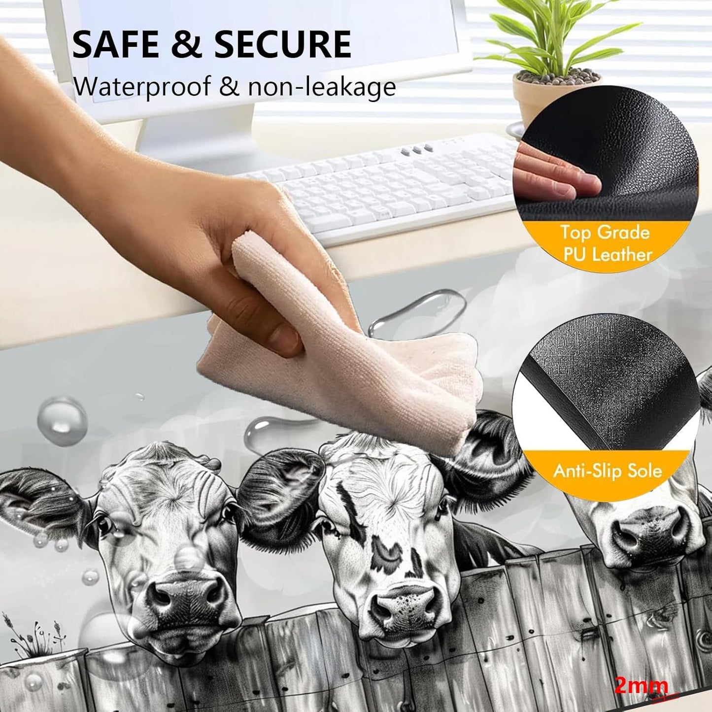 Heated Mouse Pad with 3 Levels Heated & 3 Hours Auto Shut-Off Mouse Pad for Warming Hands in Office Home, 31.5" x 13"Large Safe Desk Mat Hand Warmer，Three Lovely Cows