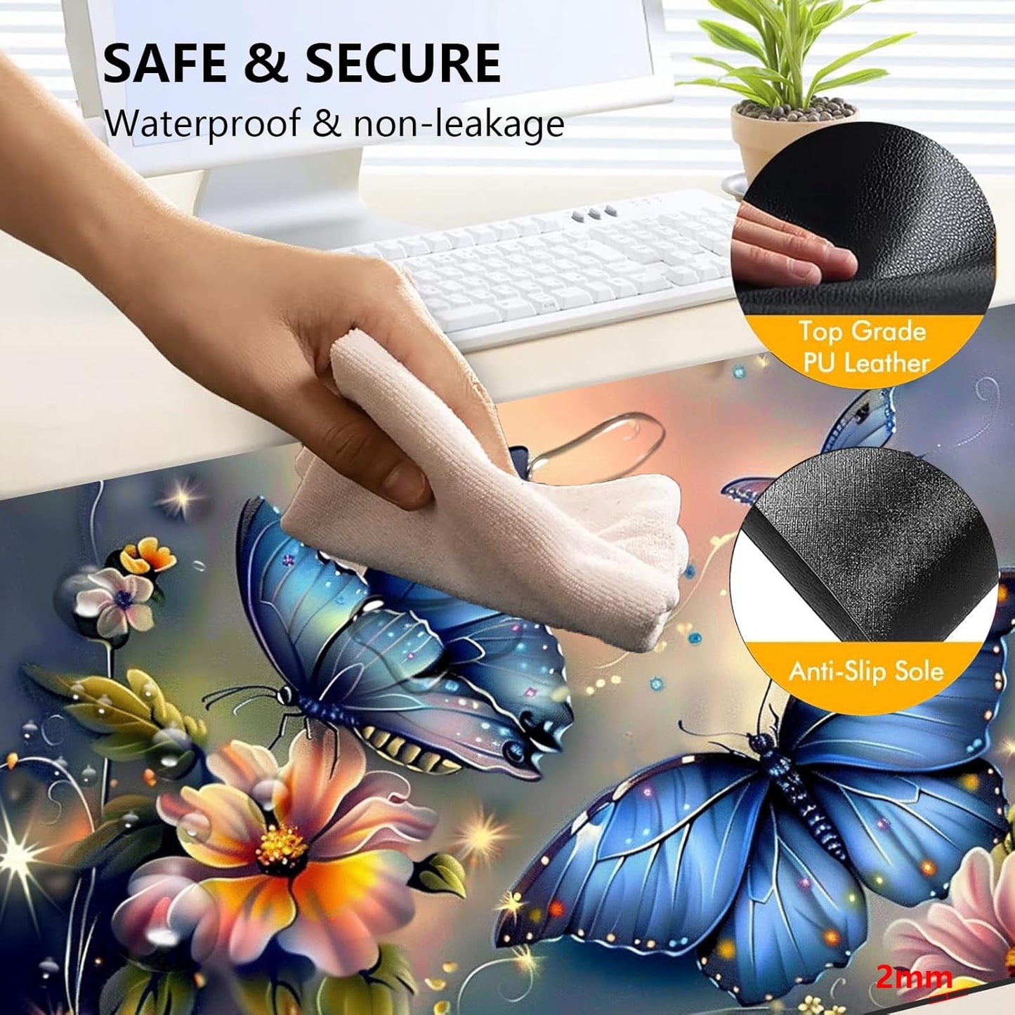 Heated Mouse Pad with 3 Levels Heated & 3 Hours Auto Shut-Off Mouse Pad for Warming Hands in Office Home, 23.6" x 14.2"Large Safe Desk Mat Hand Warmer，Blue Butterfly