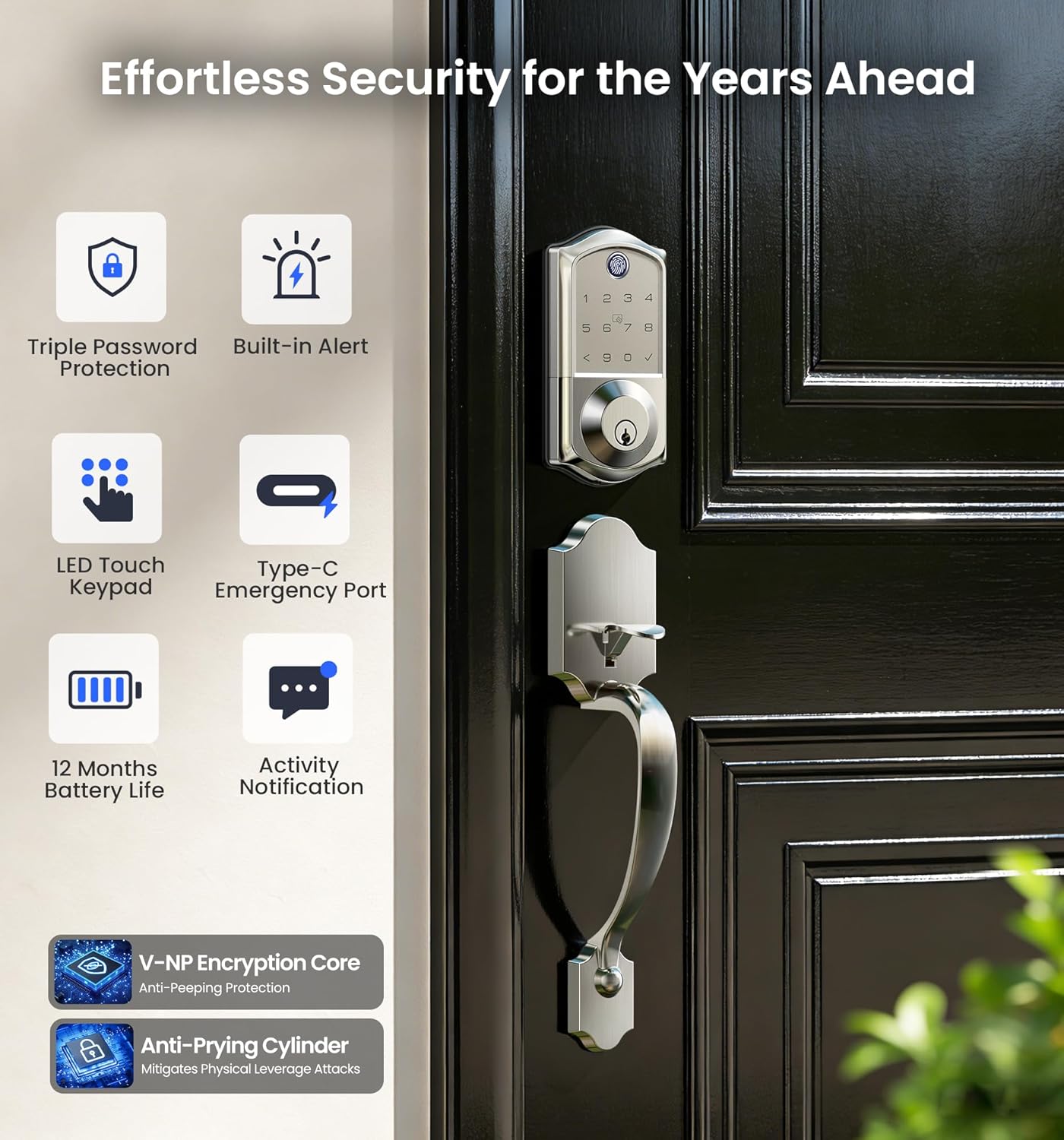 Veise VE017-H Fingerprint Smart Front Door Lock Set, App Control, Keyless Entry Deadbolt with Handle, Smart Deadbolt, Emergency Power Port, Touchscreen Keypad, Auto Lock, Easy Install, Satin Nickel