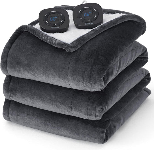 Bedsure Electric Blanket Queen Size - Dual Control Heated Blanket Queen, Fast Heating with 10 Time Settings & 10 Heat Settings, Warm Gift for Grandma (84x90 inches, Dark Grey)
