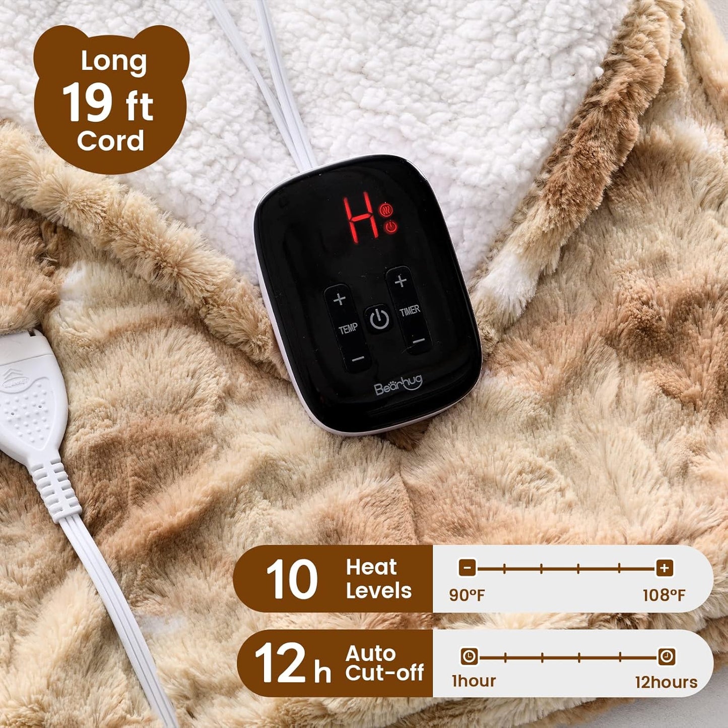 Bearhug Electric Blanket Twin Size 62" x 84", Faux Fur & Sherpa Heated Blanket, 10 Heating Levels & 1-12H Auto Off, Champagne, Over-Heat Protect, ETL Certification, Machine Washable
