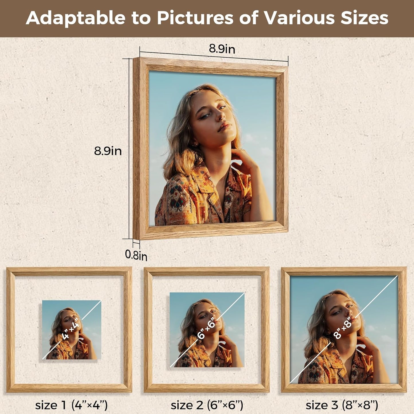 Axeman 8x8 Floating Picture Frame - Solid Oak Wood Square Picture Frame, Double Tempered Glass Photo Frame 3x3 4x4 5x5 6x6 8''x8'' Wood Frame, Wall Mount Or Tabletop Standing, Natural