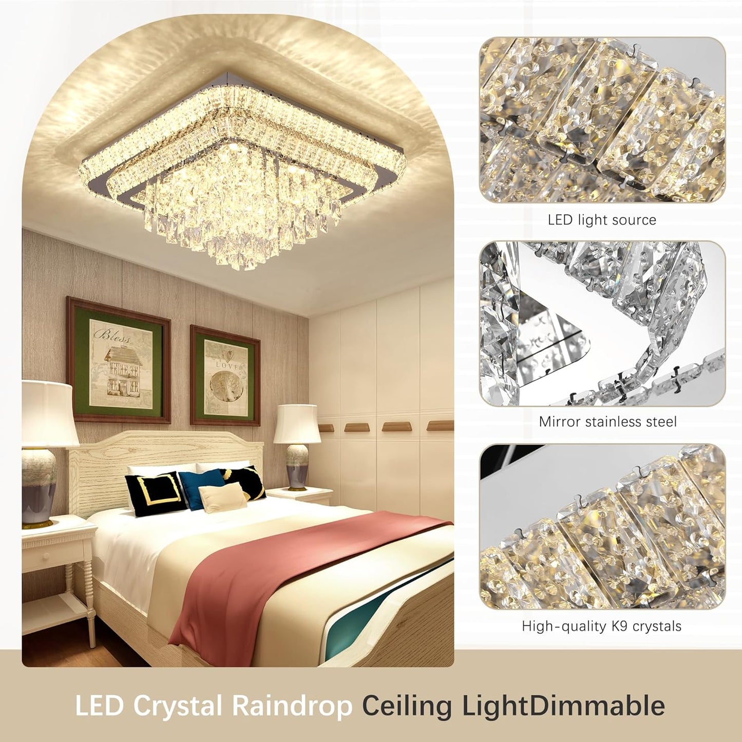 Elegant LED Crystal Raindrop Ceiling Light, 24 in Square Flush Mount Chandelier with Remote for Living Room Kitchen Island Bedroom Hallway Entryway Foyer (Dimmable)