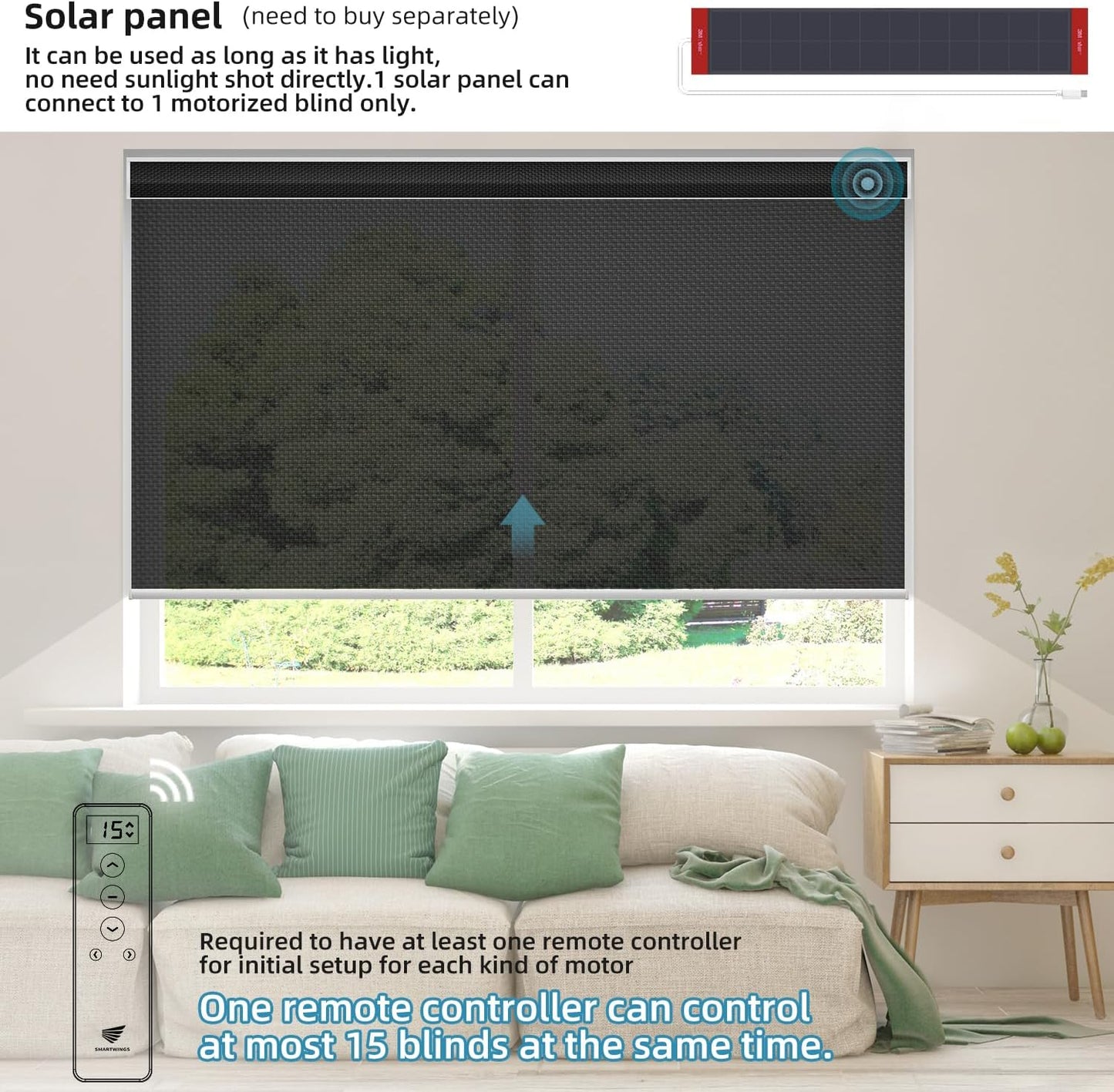 SmartWings Motorized Roller Shades 5% Openness Work with Homekit, Alexa SmartThings Google, Zigbee Motor Smart Blinds for Windows, Cordless Remote Window Shades, Rechargeable, Customized, Black