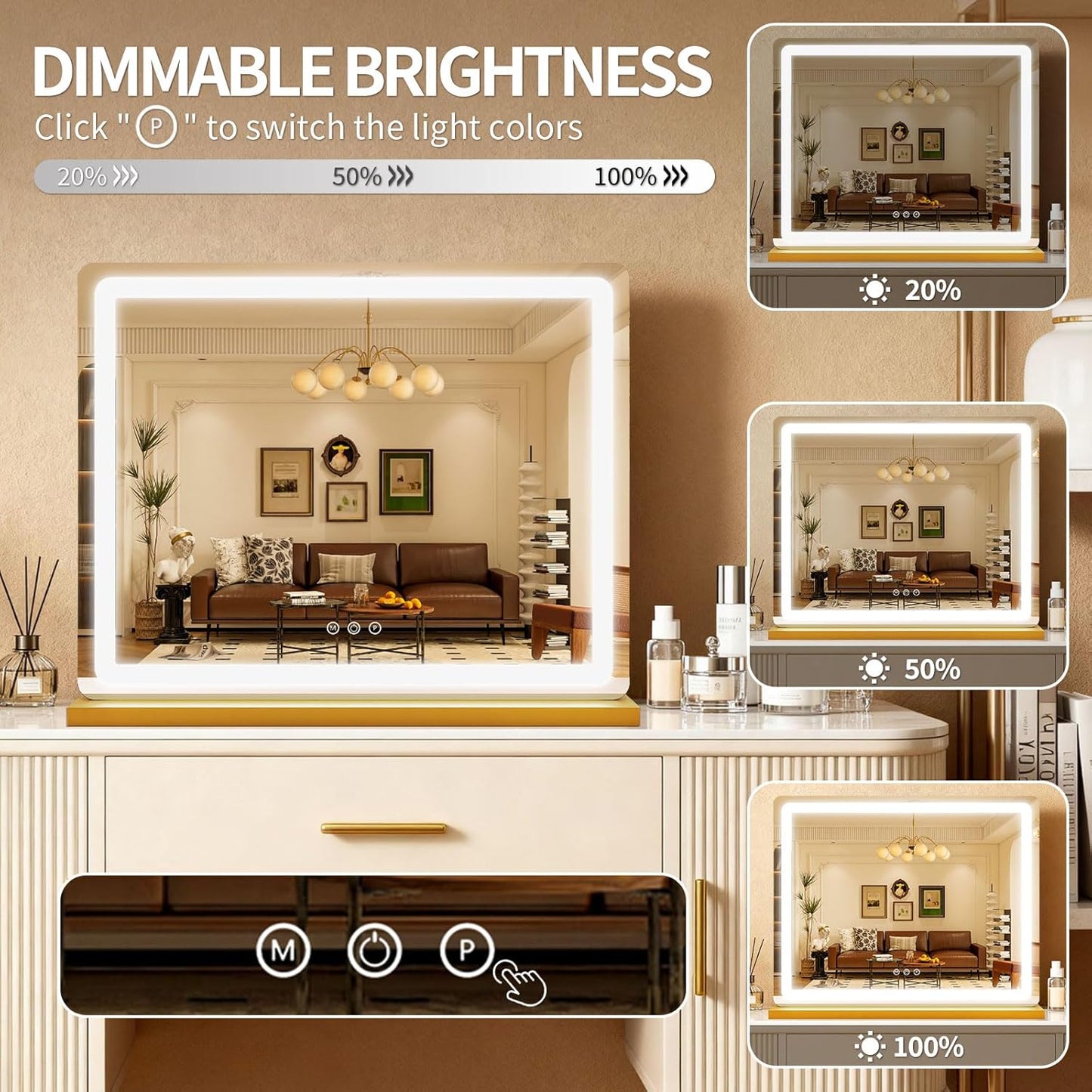 ROLOVE Vanity Mirror with Lights 23x18 Inch, Gold Lighted Makeup Mirror, 3 Color Modes, Smart Touch Dimming, Large Vanity Mirror for Desk, Bathroom, Wall
