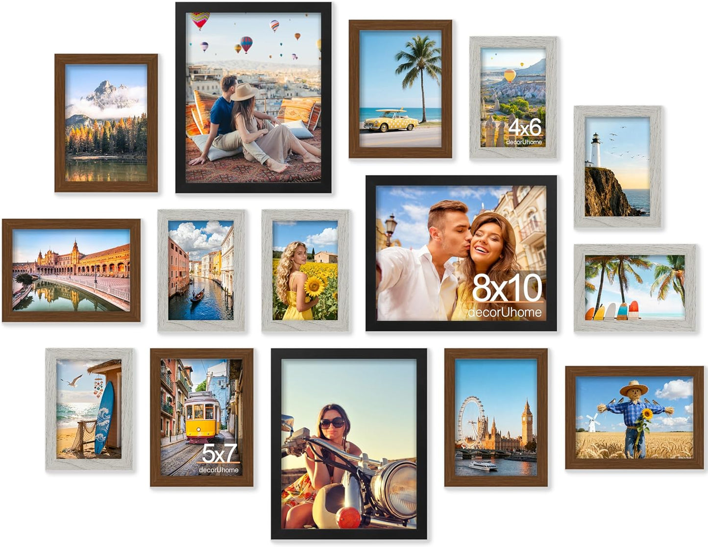 decorUhome Assorted Picture Frames Collage Wall Decor for Photo Gallery Display Set of 15 Including Three 8x10 / Six 5x7 / Six 4x6 for Family Wall Decor, Black/Brown/Grey, 15 Pack