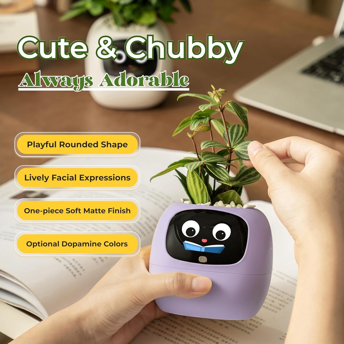Ivy AI Smart Plant Pot with Emoji Intelligent Planter Robot for Houseplants Tamagotchi Flower Pot Stylish Plantagotchi Home Decor(Violet)