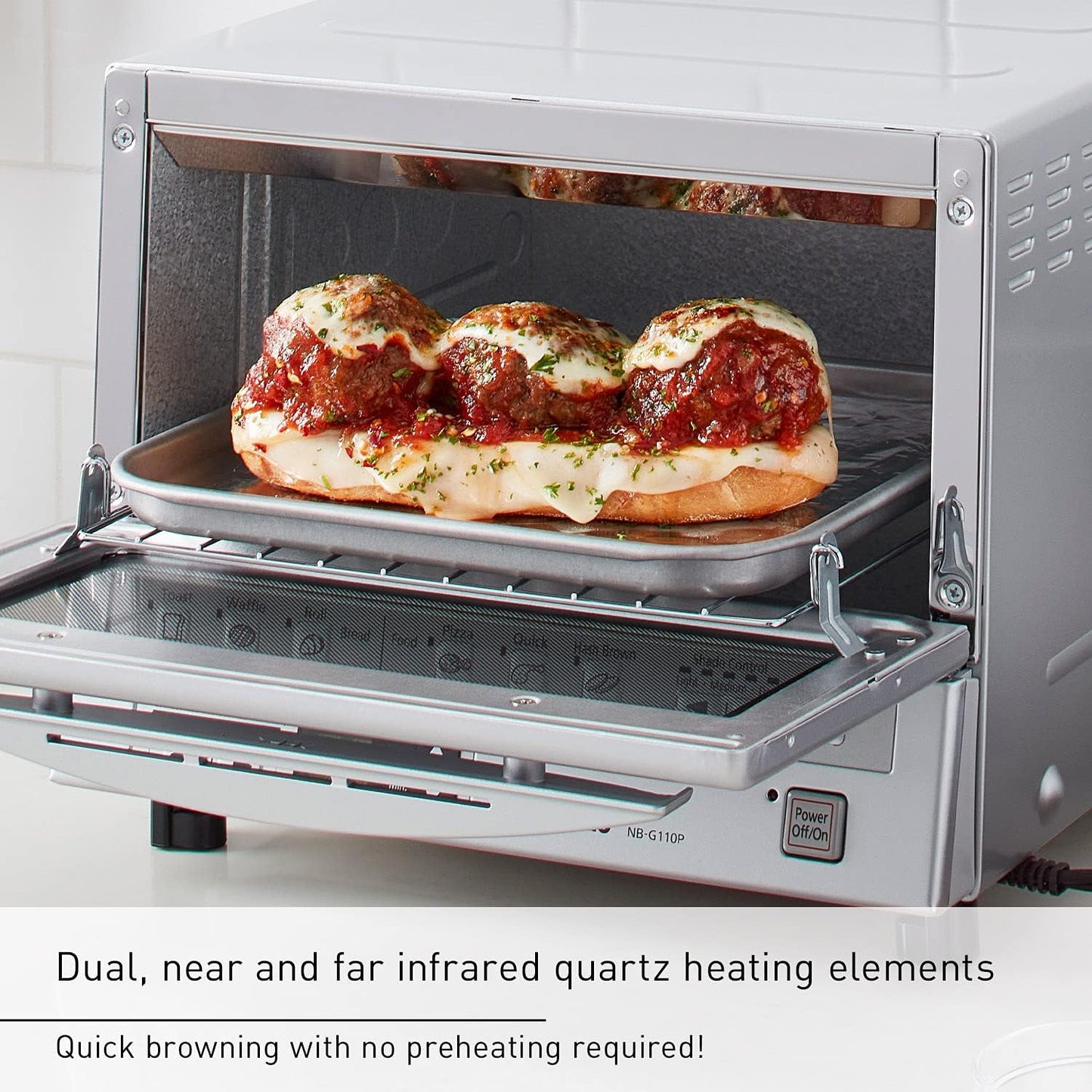 Panasonic FlashXpress Toaster Oven Countertop, 4-Slice Small Toaster Oven Compact Size with Double Infrared Heating, 6 Auto Cook Options and Precise Temperature Control, 1300W - NB-G110P (Silver)
