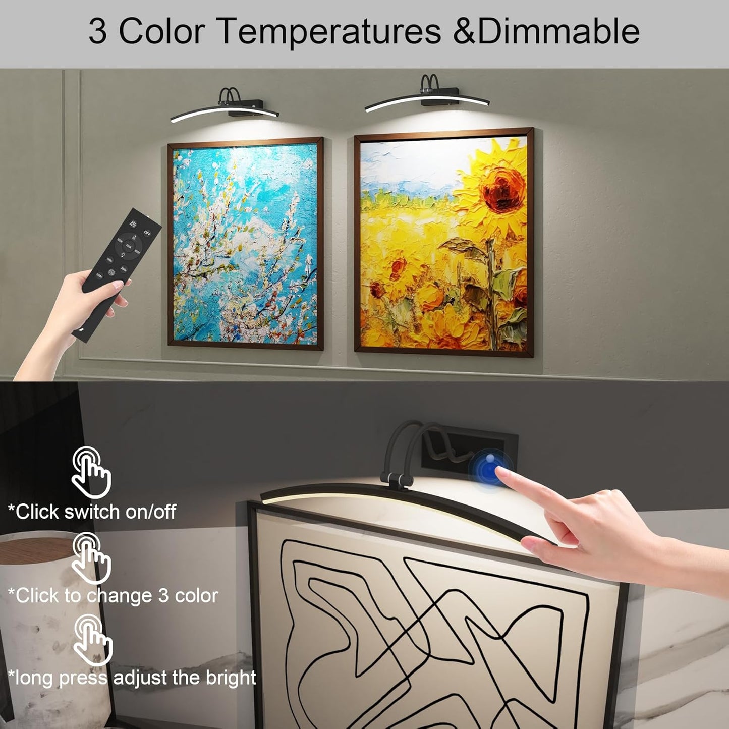 PAIHOME Lights for Pictures on Wall, Rechargeable Picture Light with Smart Motion Sensor, Remote Dimmable & Timer, ‌16in Wireless Black Art Lighting for Paintings Canvas, Gallery, Portraits