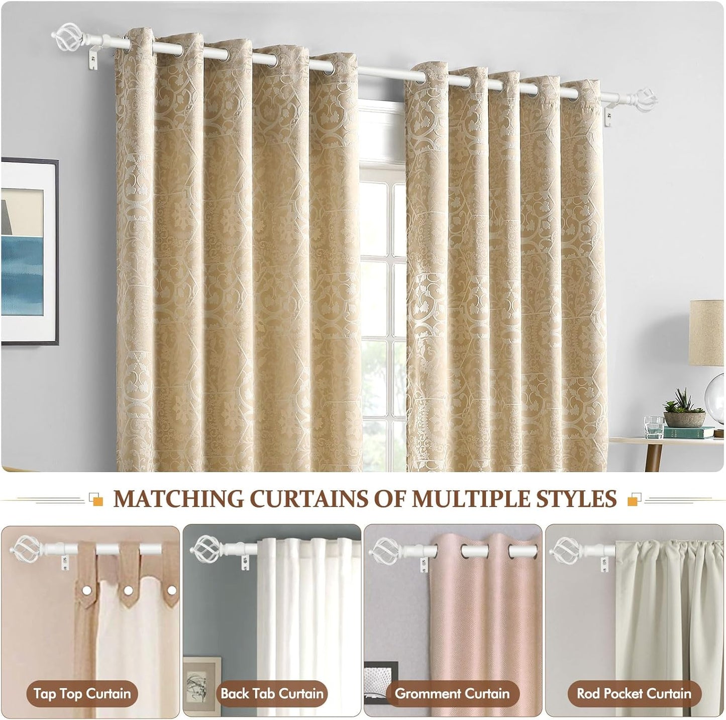 KAMANINA White Curtain Rod 32 to 58 Inch(2.6-4.8ft), Adjustable Curtain Rods for Windows 28 to 48 Inch, 3/4 Inch Splicing Drapery Rods with Twisted Cage Finial