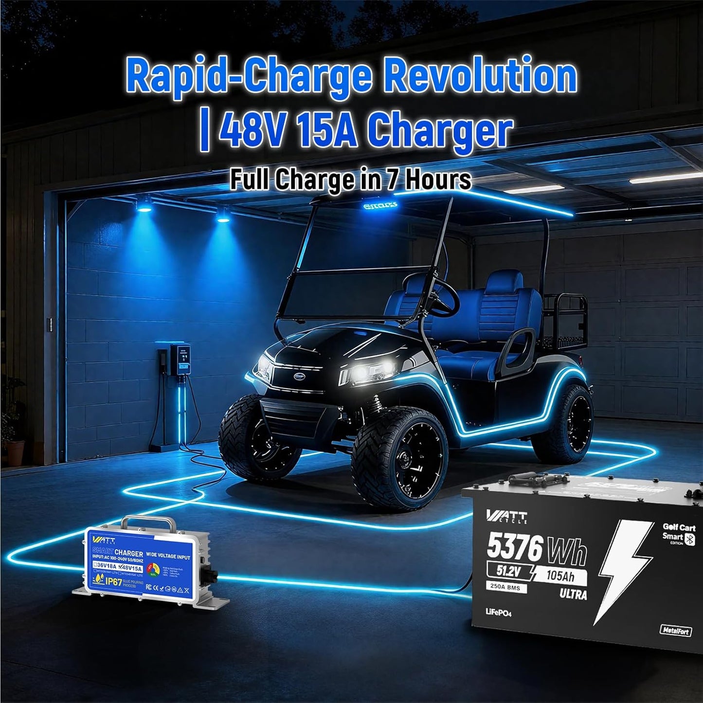 WattCycle 48V 105Ah Golf Cart Batteries, 48V Lithium Battery 250A BMS with 15A Charger, LiFePO4 Battery 15000+ Deep Cycles, IP65 Waterproof Marine Batteries, Built-in Bluetooth, Perfect for RV, Solar