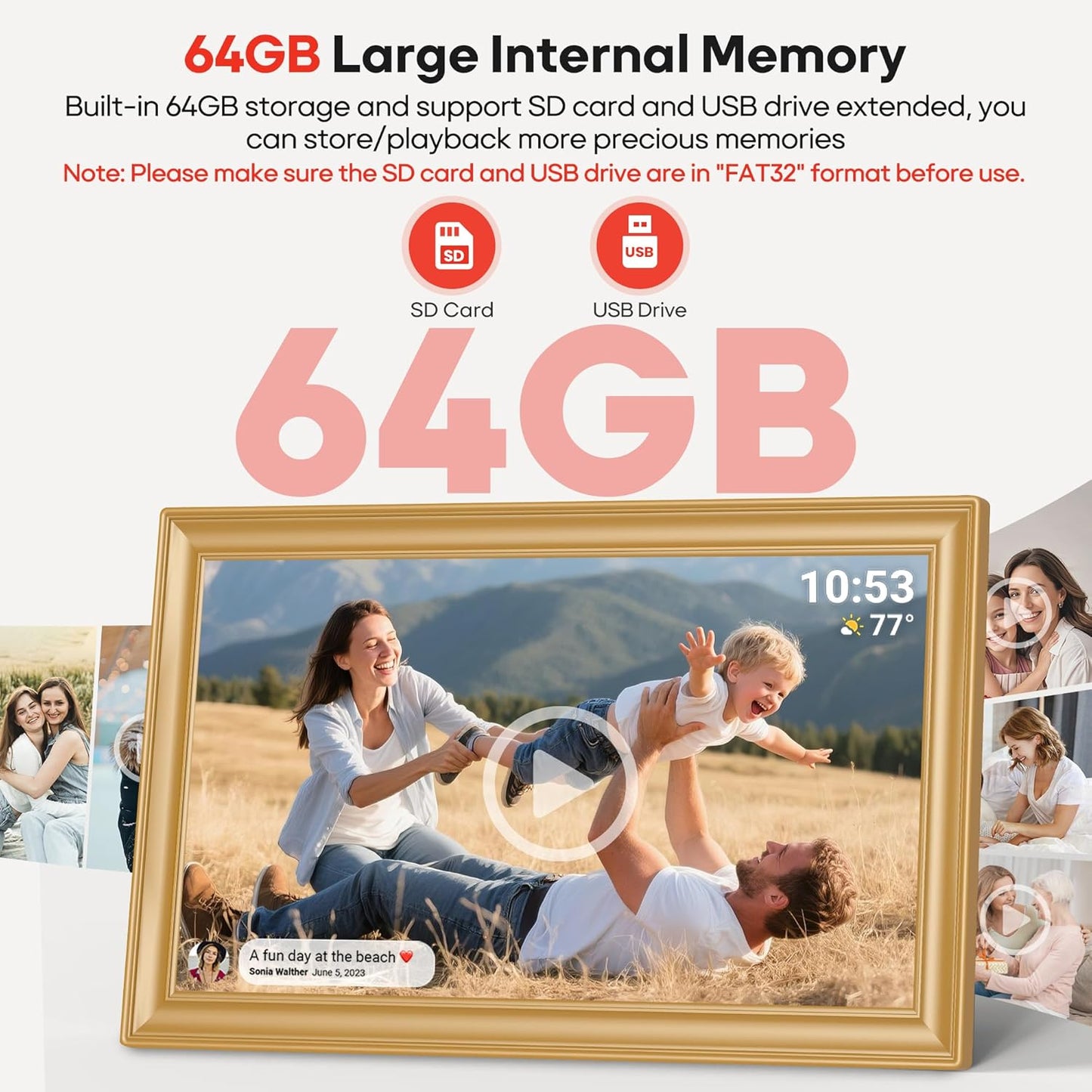 64GB 15.6" Frameo Digital Picture Frame WiFi, Large Electronic Photo Frames Golden 1920 x 1080 IPS FHD Touch Screen, Send Photos from Your Phone from Anywhere, Best Gifts for Family and Friends