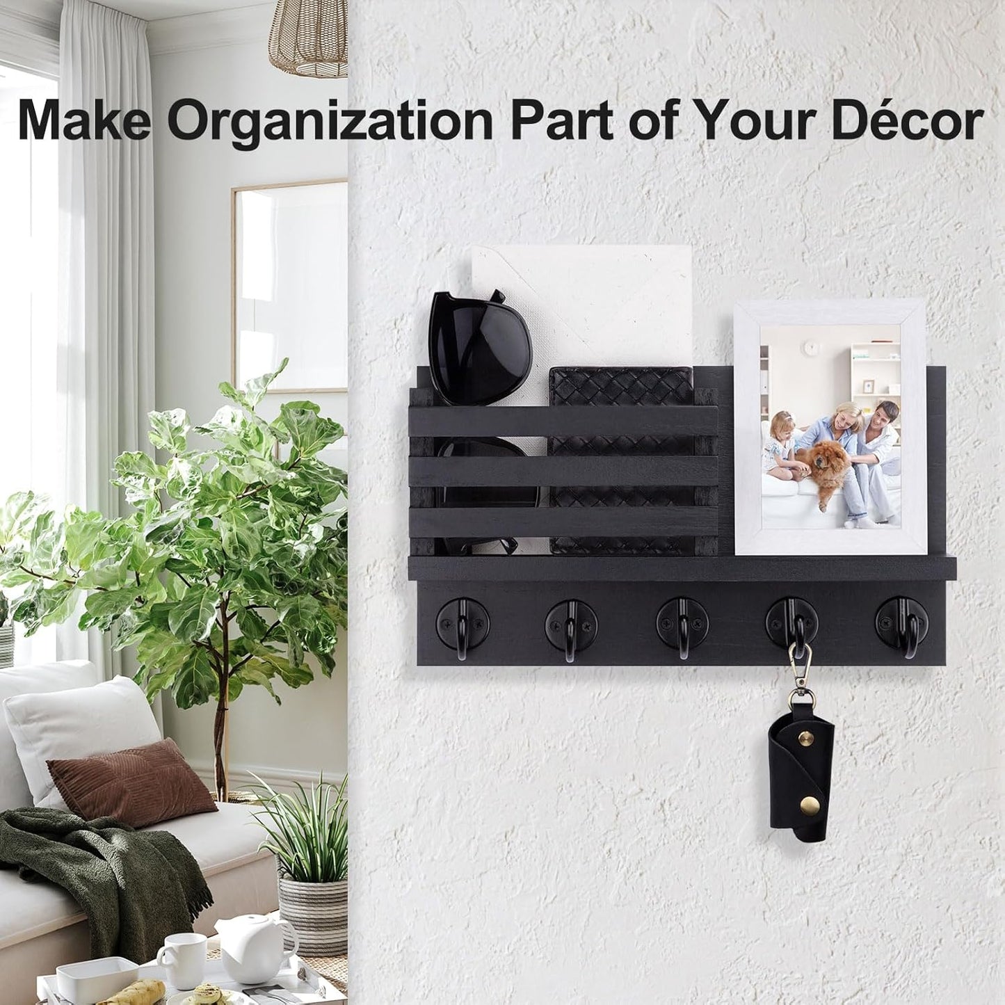 Key Holder for Wall – Decorative Wooden Mail Holder and Key Shelf with Mounting Hardware, Installation Guide – Paulownia Wood with 5 Metal Key Hooks (11.8” x 6.7” x 2.8”)