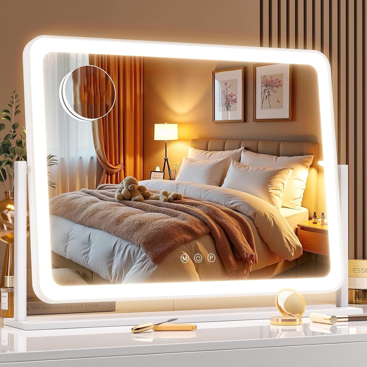 Lighted Makeup Mirror, 17.3"x13" Hollywood Vanity Mirror with Led Lights, Three Color Lighting Modes, and 5X Magnification Mirror, Smart Touch Control, 360°Rotation(Round Corner)