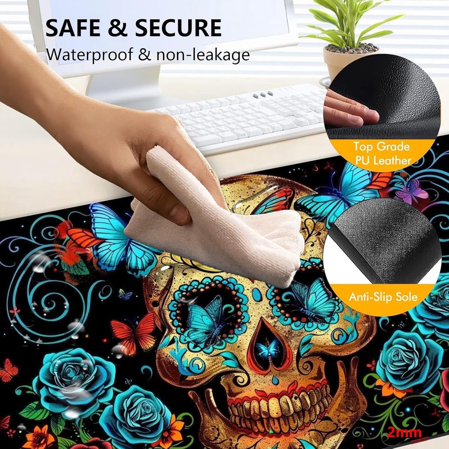 Heated Mouse Pad with 3 Levels Heated & 3 Hours Auto Shut-Off Mouse Pad for Warming Hands in Office Home, 31.5" x 13"Large Safe Desk Mat Hand Warmer，Skull Butterfly Blue Rose