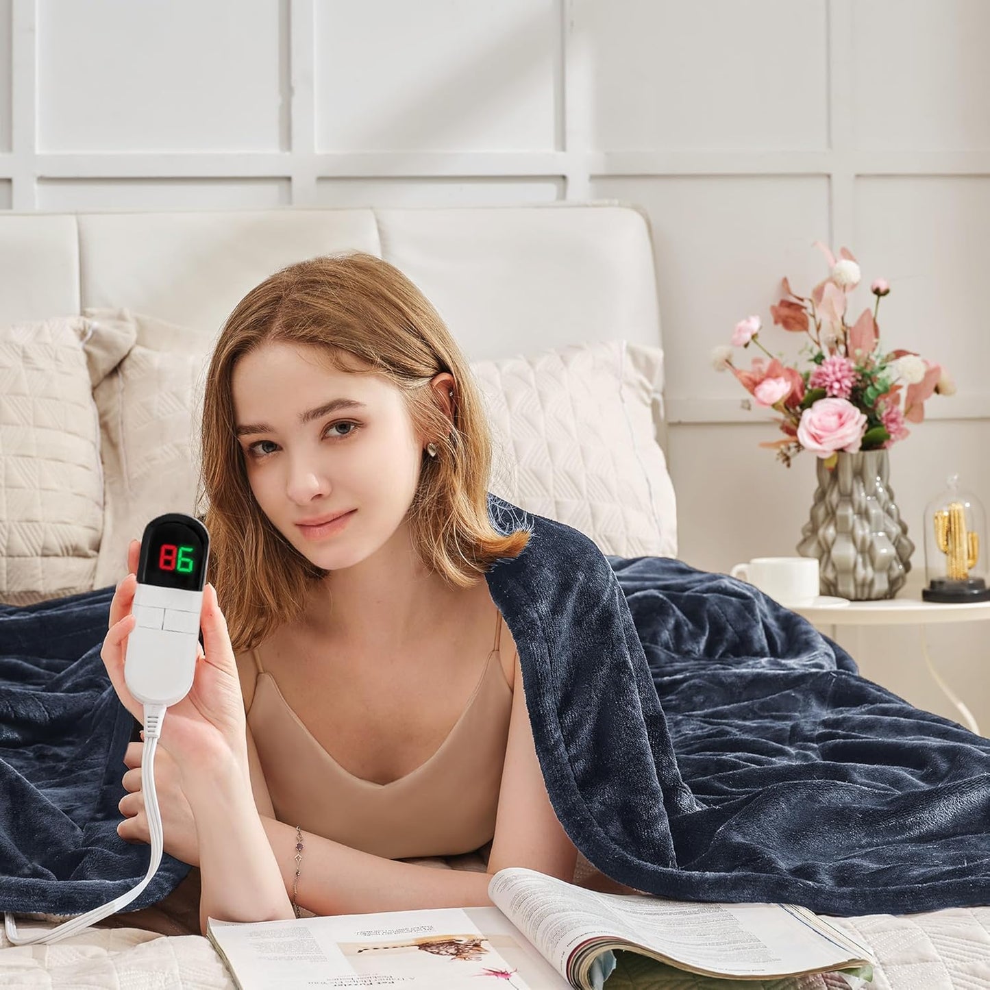 Heated Throw Blanket 50"×60" - Premium Cosy Soft Electric Blanket with 6 Heating Levels,Fast Heating Flannel Sherpa Blanket for Bed & Couch - Auto Shut Off/Machine Washable (Navy Blue)