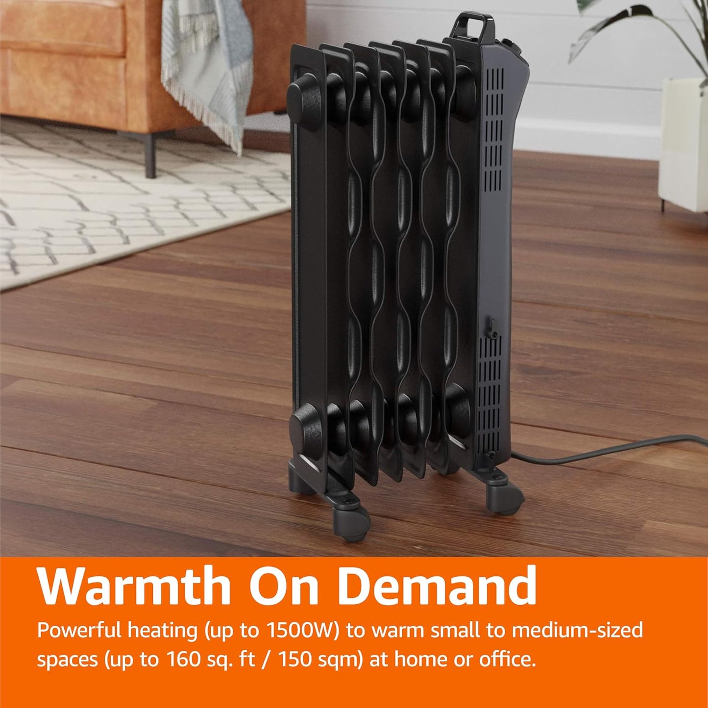 Amazon Basics Oil Space Heater, Portable Radiator Heater with 7 Oil-Filled Fins for Indoor Use, 3 Heat Settings, Thermostat, Tip-Over Protection, ETL Safety Certificate, Manual Control, 1500W, Black