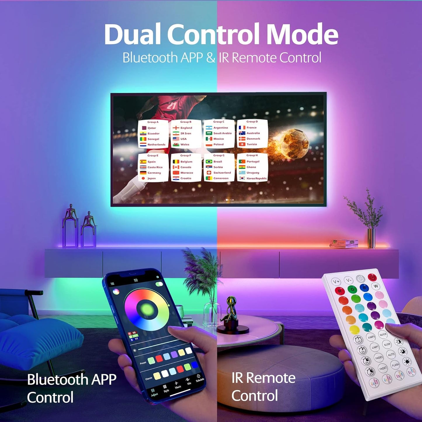 KEELIXIN LED Lights Music Sync RGB LED Strip Lights with APP & Remote Control (50ft-2rolls)