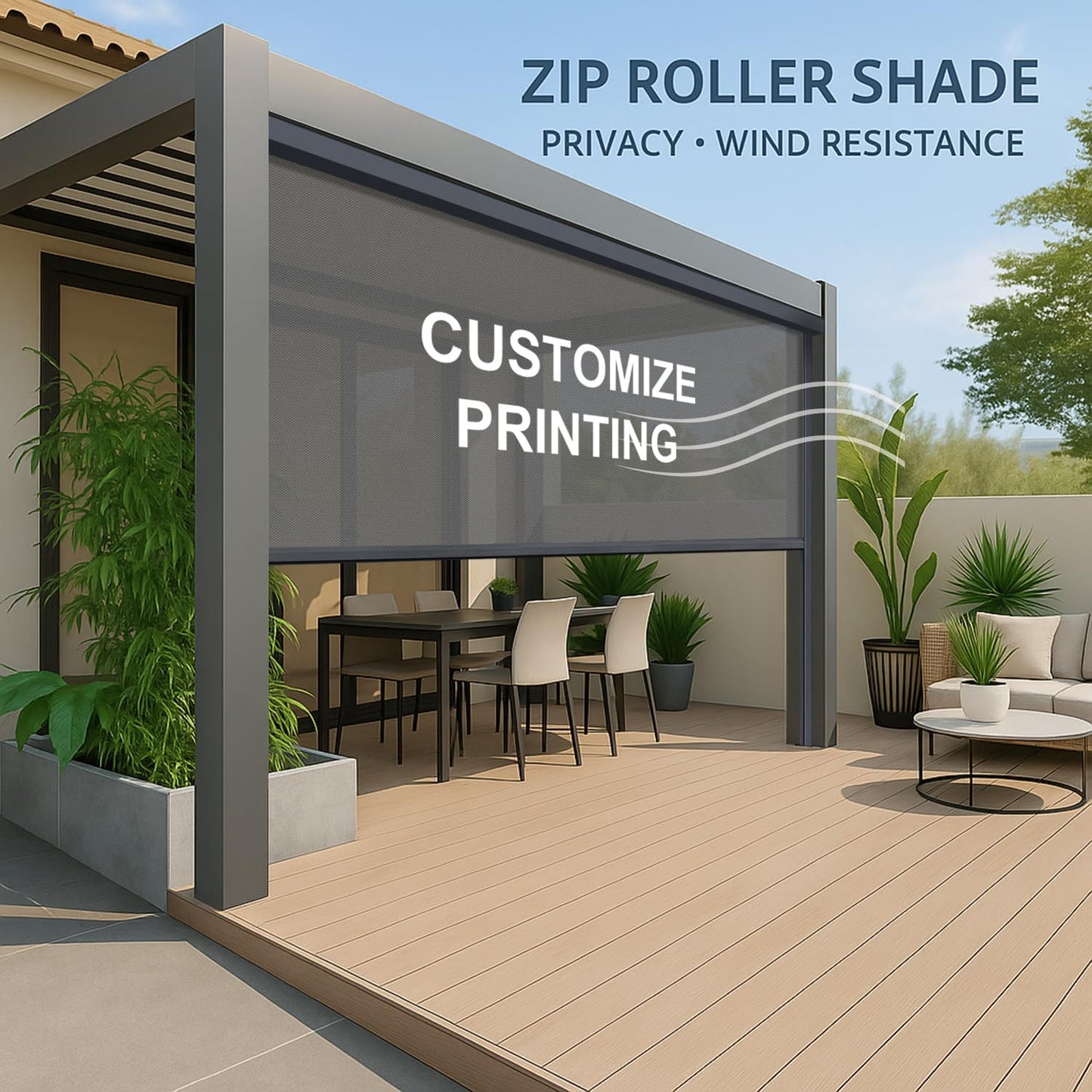 ZSHINE Hard-Wired Outdoor Snow Blocking Weatherproof Motorized Patio Roller Shades Remote Control for Porch Balcony Customized Size (Printing 10% Openness)