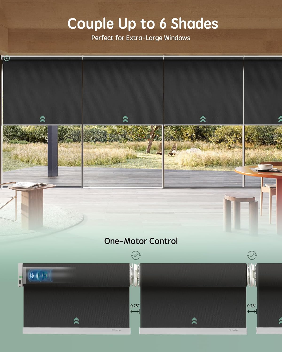 Yoolax Smart Coupled Roller Shades Compatible with Alexa Google, Motorized Blinds with Remote Blackout Coupled Roller Shades for X-Large Windows, Custom Size (XL Coupled-Vinyl Dark Gray)