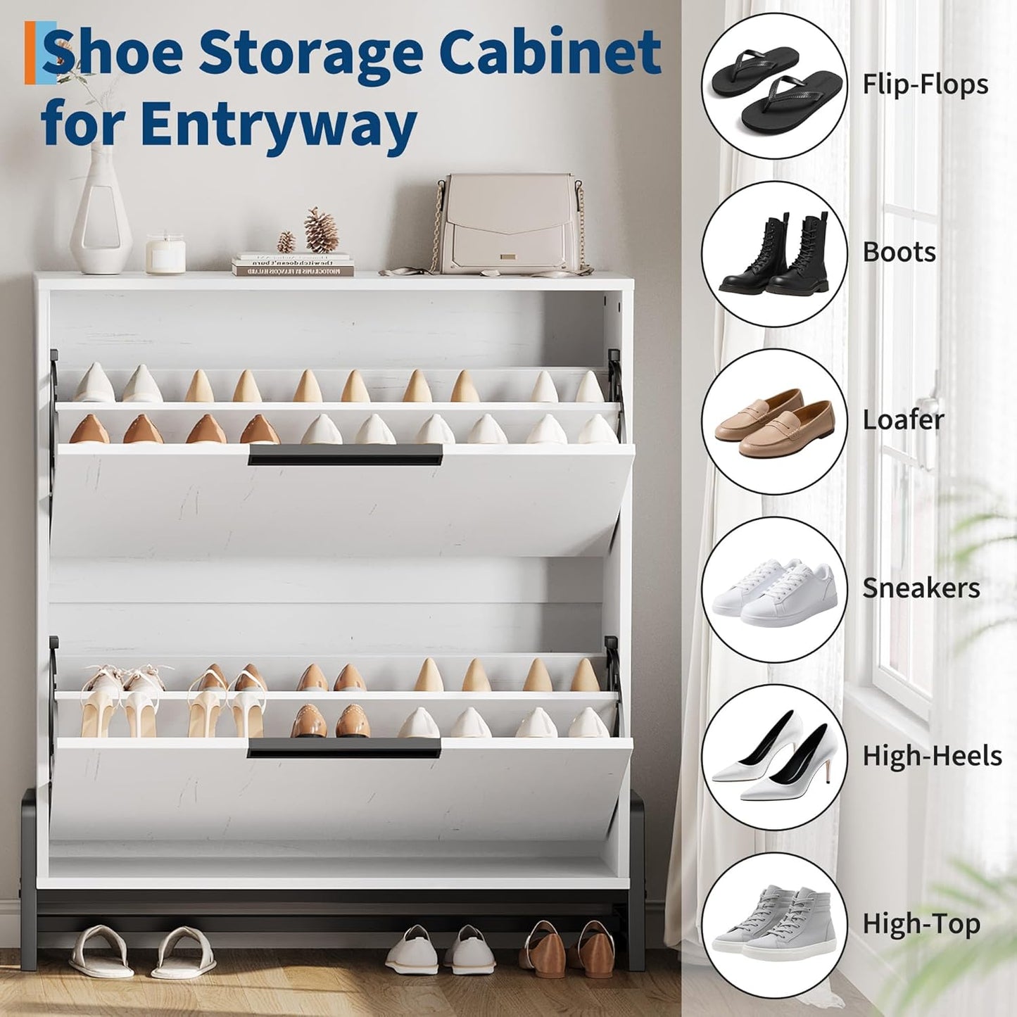 CABIHOME Shoe Storage Cabinet with 2 Flip Drawers, Freestanding Shoe Organizer with Metal Legs, Adjustable Shelf Narrow Shoe Rack Cabinet for Entryway, Hallway, Living Room, White