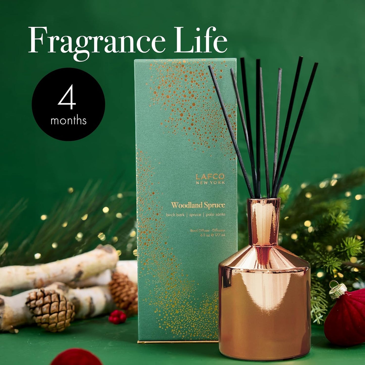 LAFCO New York Holiday Reed Diffuser, Woodland Spruce - 6 oz - Up to 3 Months Fragrance Life - Reusable Glass Vessel - Natural Wood Reeds - Made in The USA