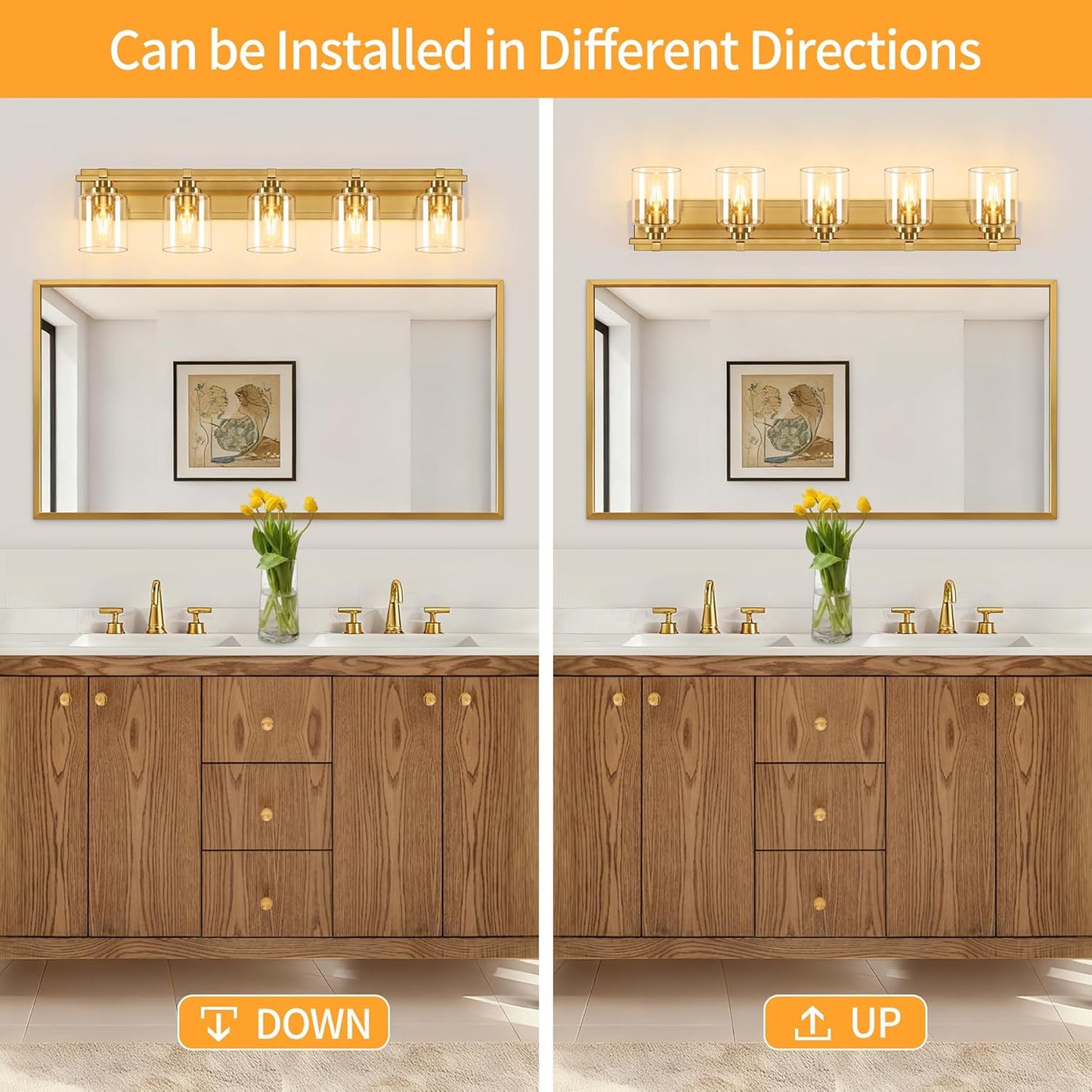 5 Light Modern Bathroom Light Fixtures Over Mirror, Brass Finish Vanity Lights for Bathroom Wall Sconces with Clear Glass Shades, E26 Socket (Bulbs Not Included)