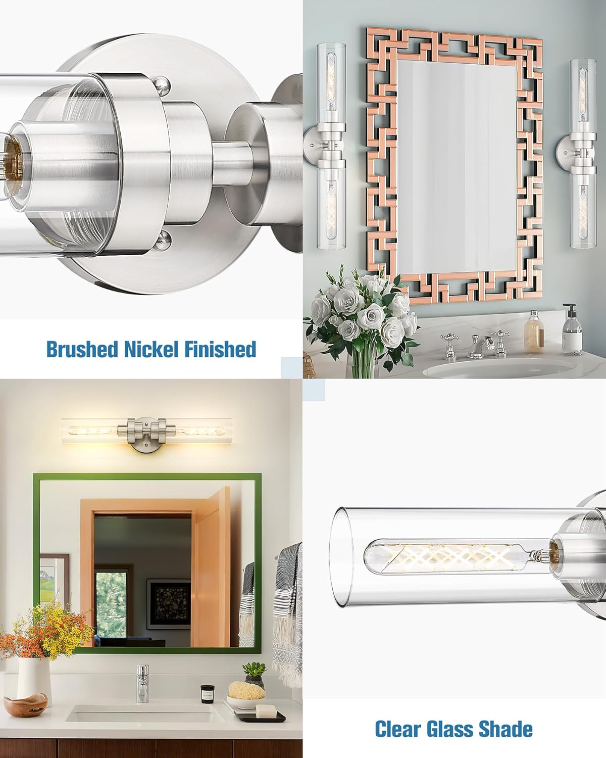 Emak Brushed Nickel Vanity Lights for Bathroom, Modern 22 Inch Bathroom Light Fixtures, 2-Light Cylinder Wall Sconces with Clear Glass Shade for Bathroom, Bedroom, Hallway, VL085-BN-2