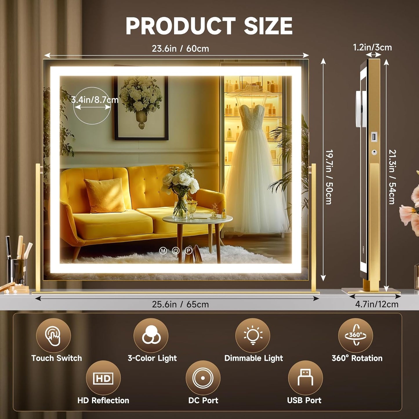 Hasipu Vanity Mirror with Lights, 25.6" x 21.3" LED Makeup Mirror, Light up Mirror with 10X Magnification, USB Charging Port, Smart Touch 3 Colors Dimmable, 360° Rotation (Gold)