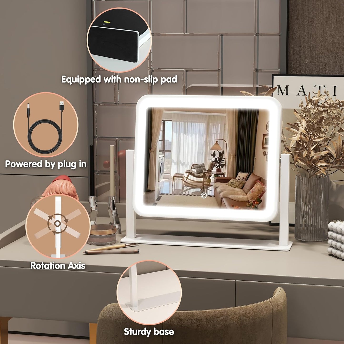 FENNIO Vanity Mirror with Lights 14"×12" Makeup Mirror with Lights,Lighted Vanity Mirror Tabletop,Smart Touch with 3-Color Lighting,Dimmable,for Vanity Desk Tabletop