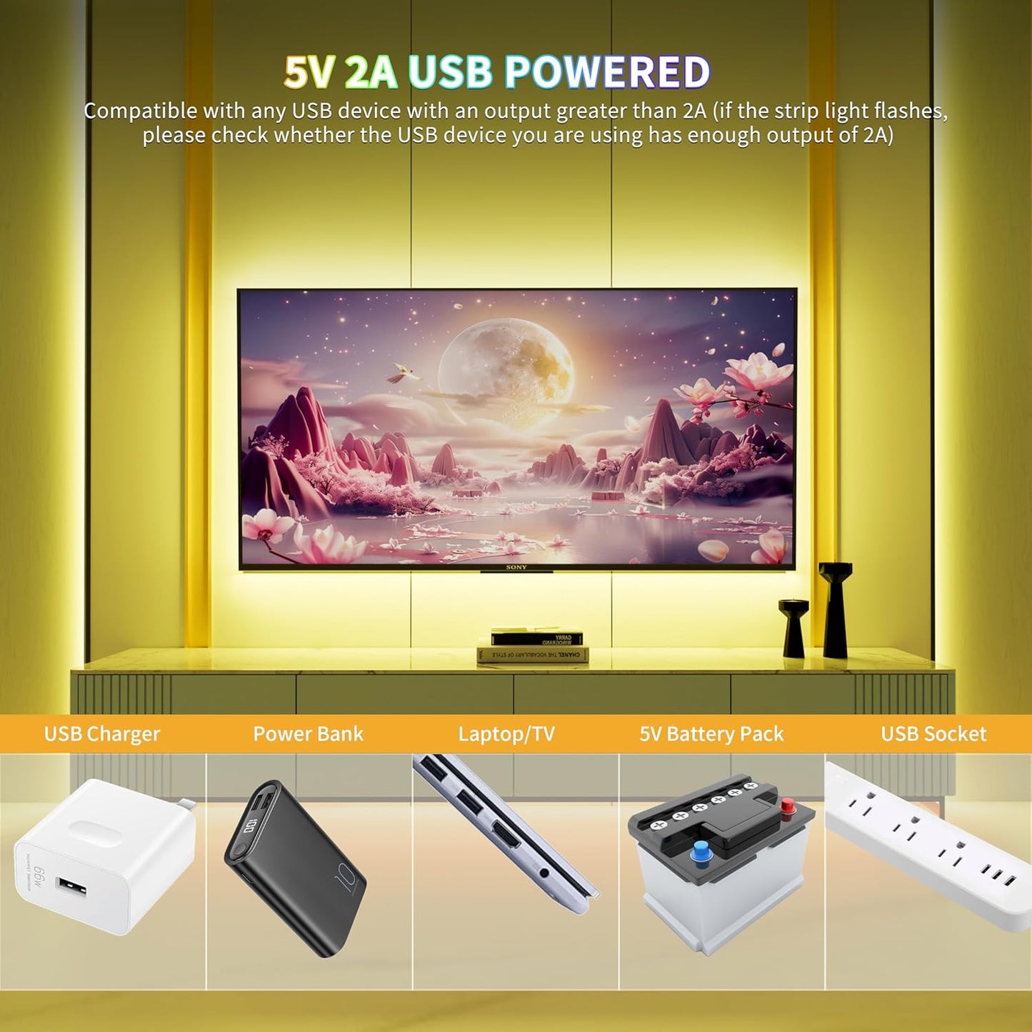 PAUTIX 5V USB RGB COB LED Strip Light 4.92ft/1.5m Color Changing Strip Lights,TV Backlight Multicolor Flexible Under Cabinet Tape Lights with Bluetooth Control for Bedroom,Kitchen,Home DIY Lighting