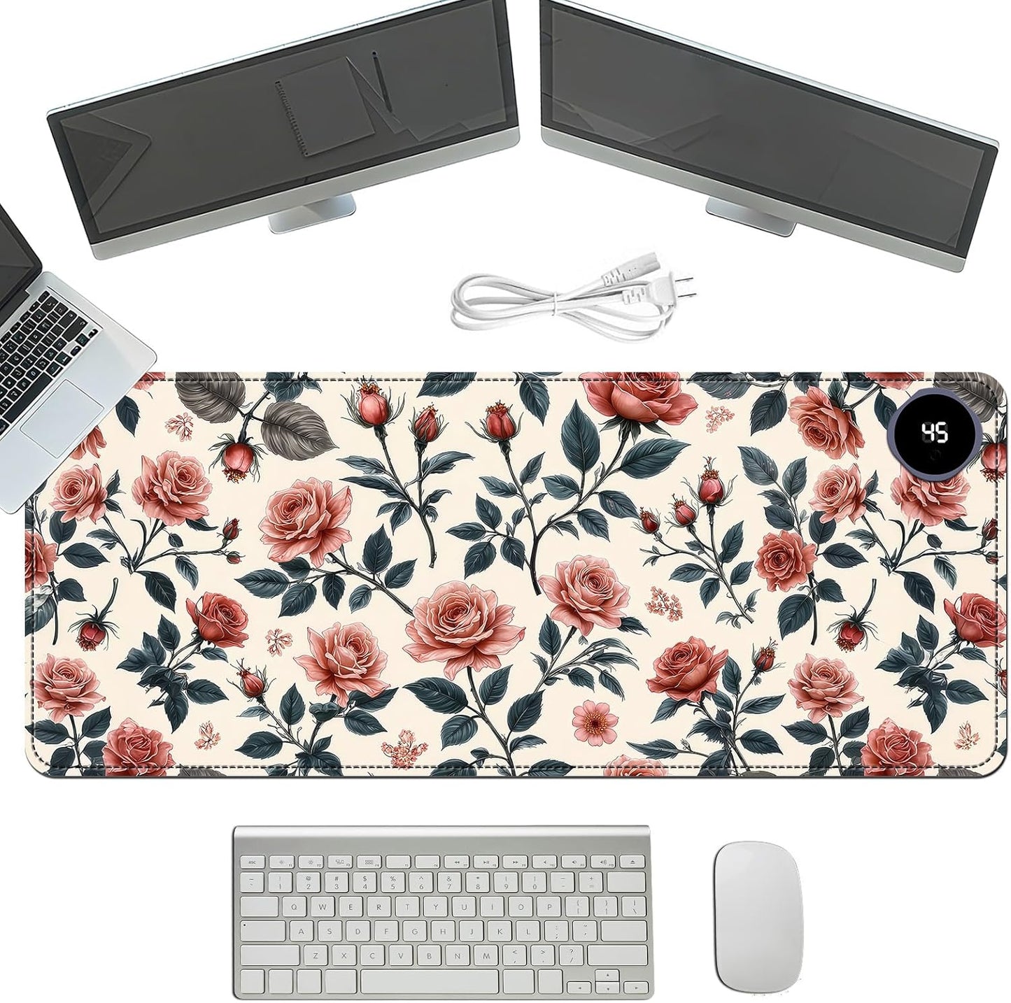 Heated Mouse Pad with 3 Temperature Settings(104°F–122°F),Large 31.5x13 Inch PU Leather Heated Desk Mat,Waterproof Warming Pad for Office,Gaming & Cold Hands Relief,Retro Flowers