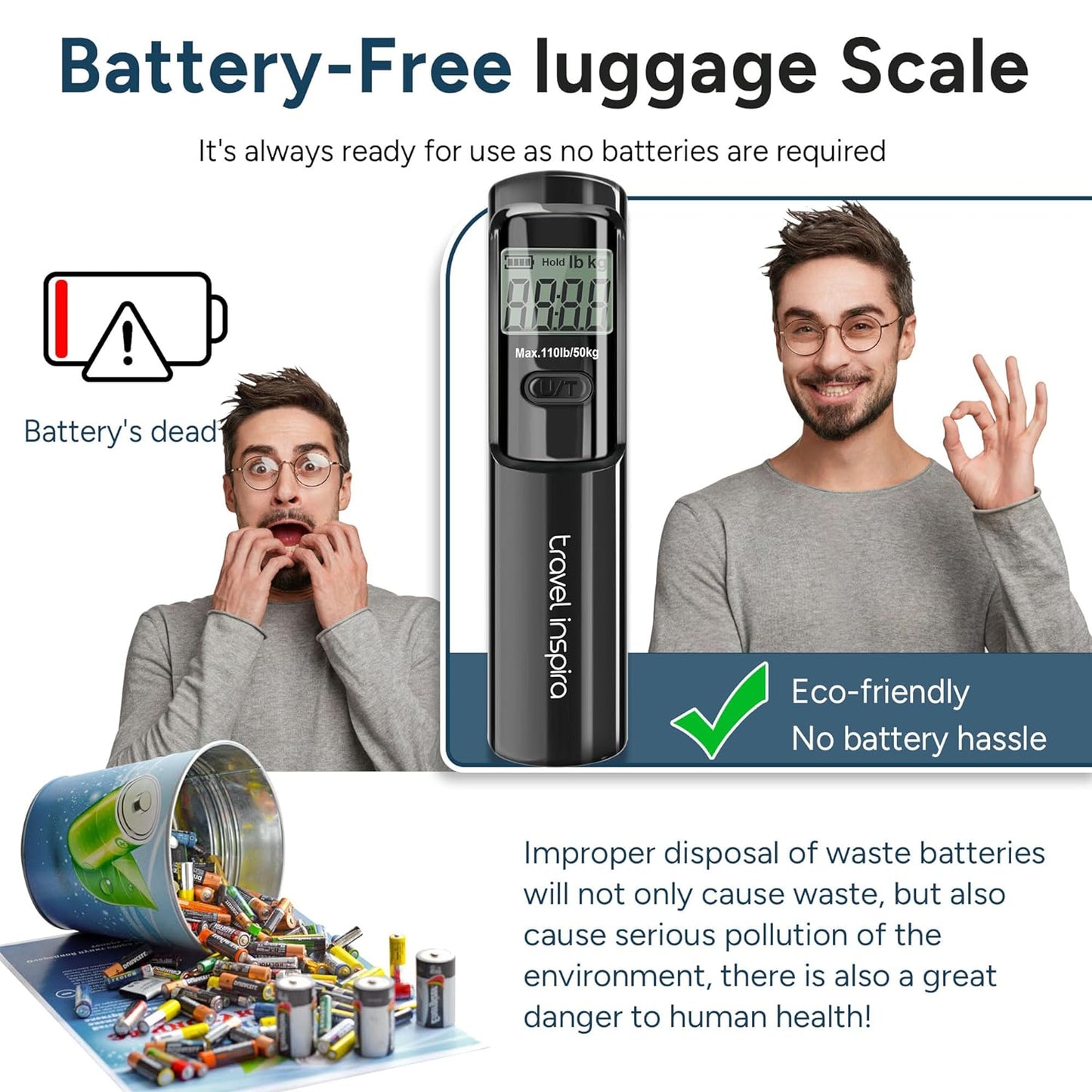 Battery-Free Luggage Scale, Suitcase Scale for Travel, 110 lbs/50 kg, Portable Handheld Weight Scale, No Batteries Needed