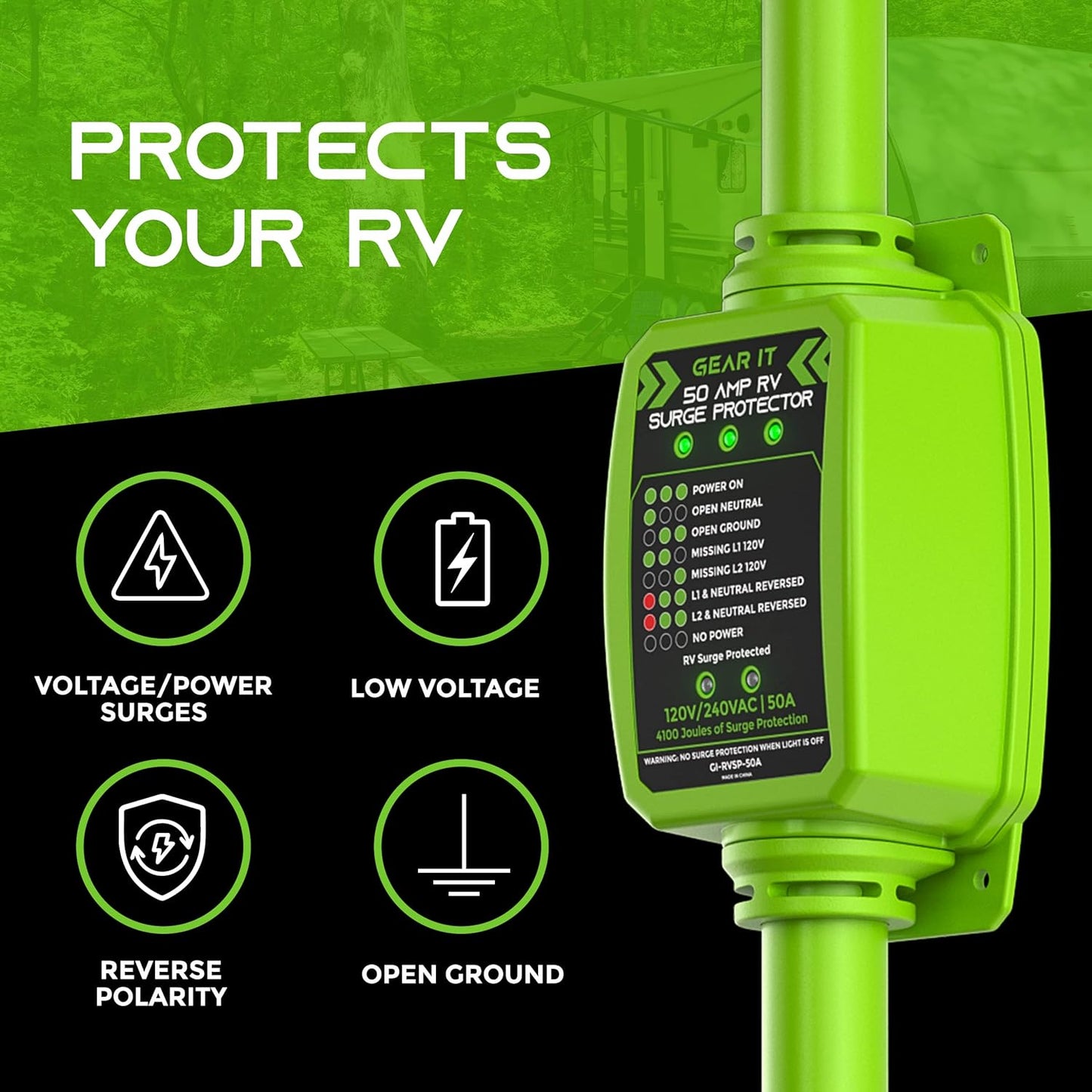 GEARit RV Surge Protector 50 AMP - Circuit Analyzer Voltage Protector/Monitor with Surge Protection (4100 Joules) Weather Resistant 50A Extension Plug for RV Trailer Travel Outdoor Camper