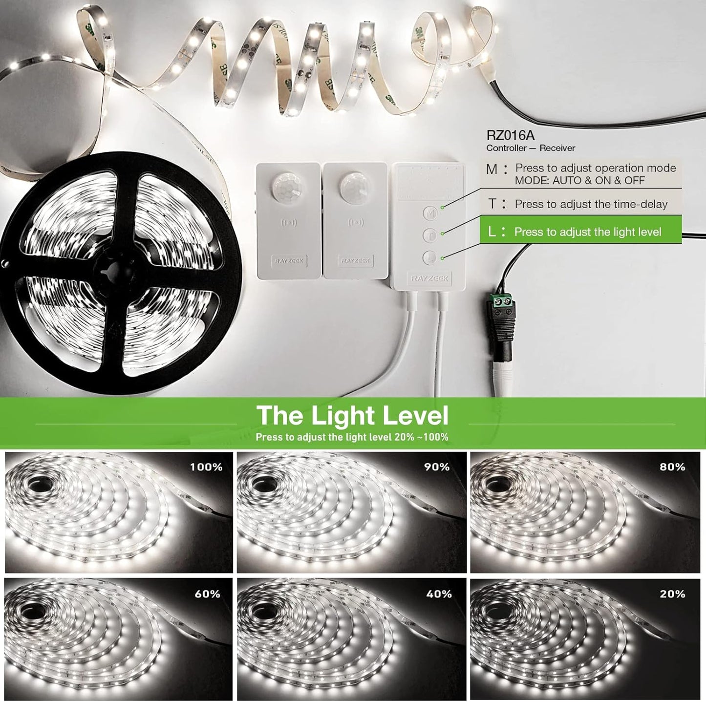 RAYZEEK Wireless Motion Activated LED Strip Lights,19.7FT LED Strip Lights with Power Adapter,RF Wireless Motion Sensor Control Dimmer,Timing,Cool White (1×Controller+2×Motion Sensor)