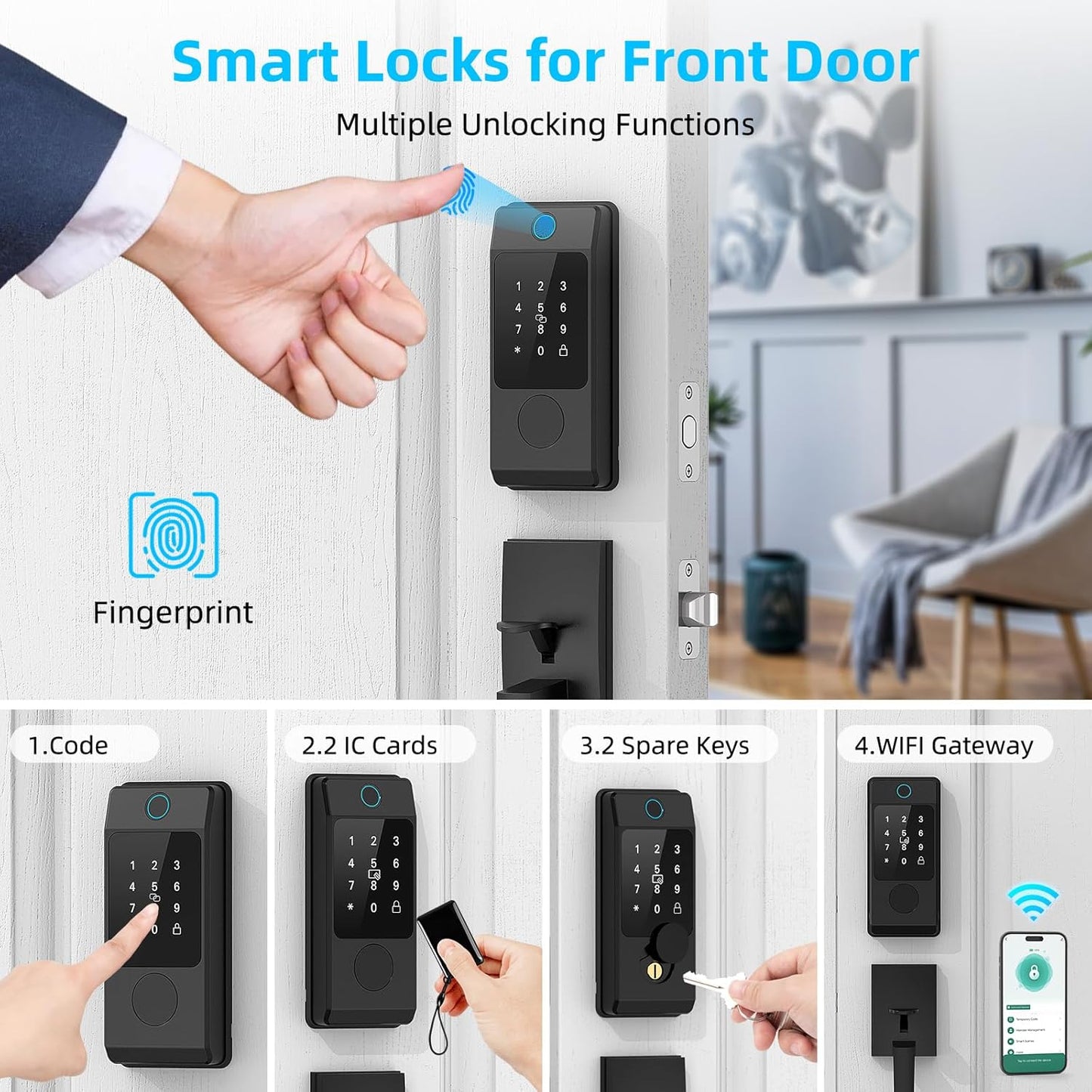 WiFi Smart Locks for Front Door with Handle Sets, Keyless Entry Door Lock Fingerprint Deadbolt, Electronic Digital Touchscreen keypad, App Control, Easy to Install (Black)